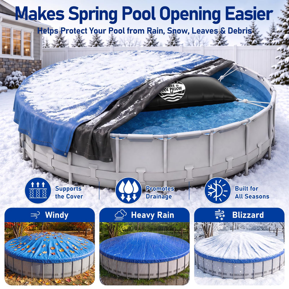 Riare inflated pillow in above-ground pool redirecting snow and rain away