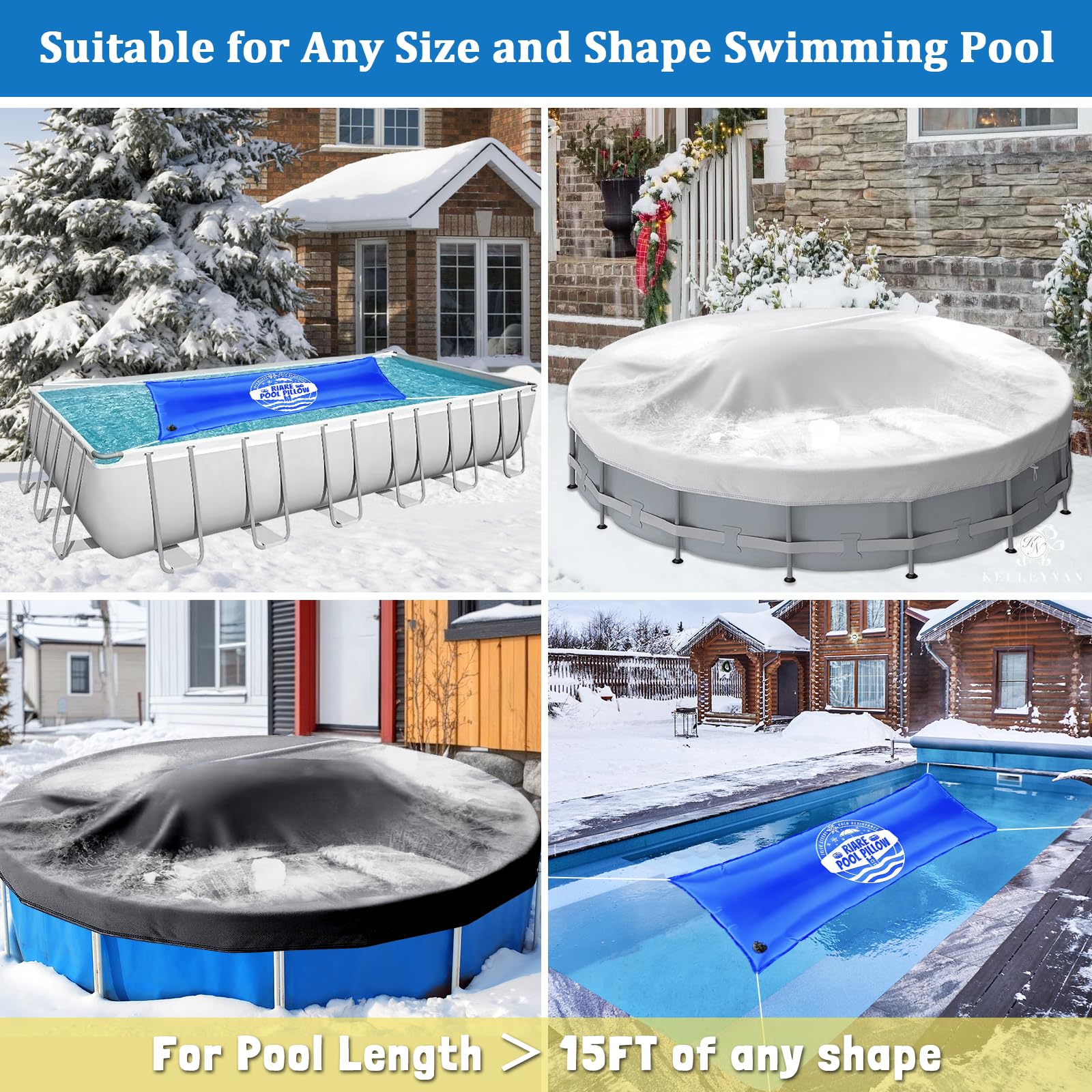 Riare lifestyle scene of winter-covered pool showing reduced ice and debris buildup