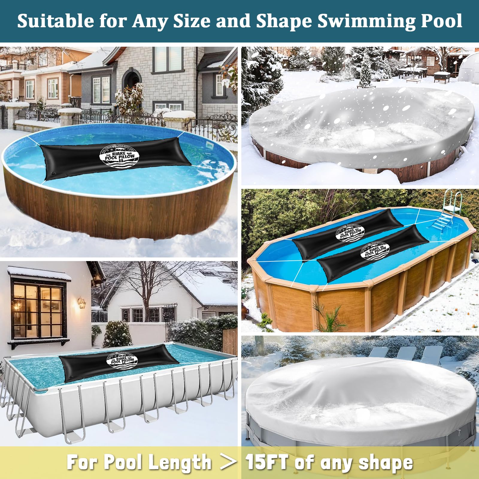 Riare pool pillow next to ladder for scale showing full 4×15 ft coverage protection