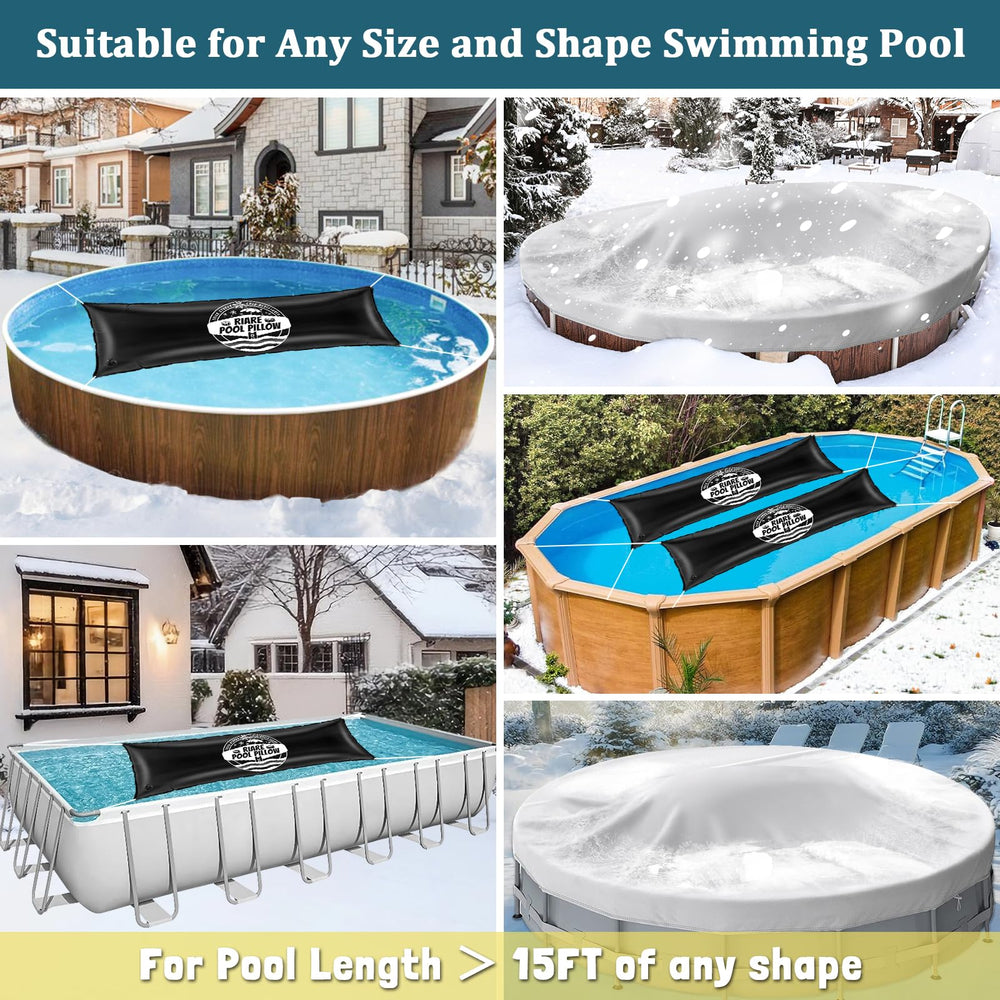 Riare pool pillow next to ladder for scale showing full 4×15 ft coverage protection