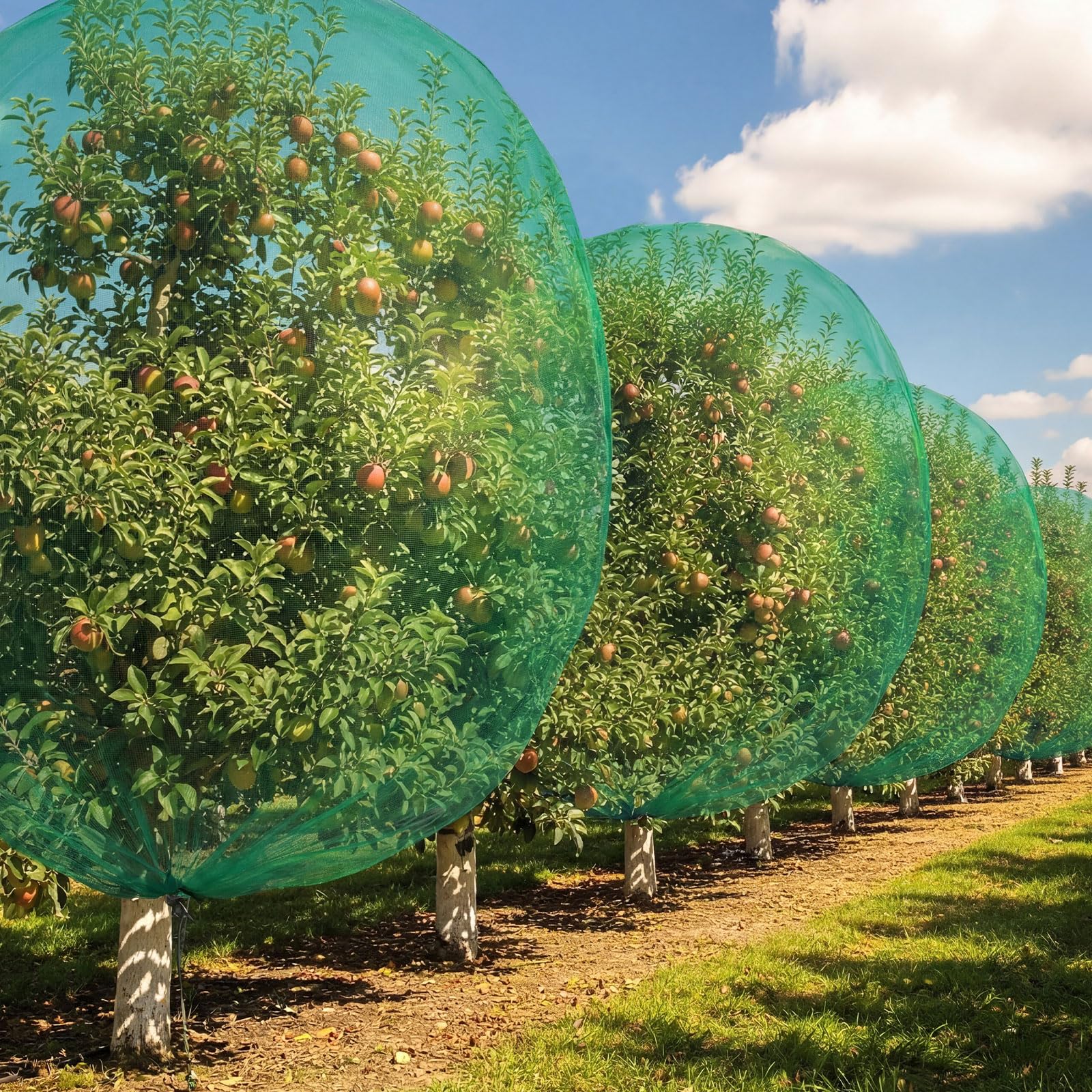 Ribbonlic net over orchard in garden setting showing pest-free harvest benefit