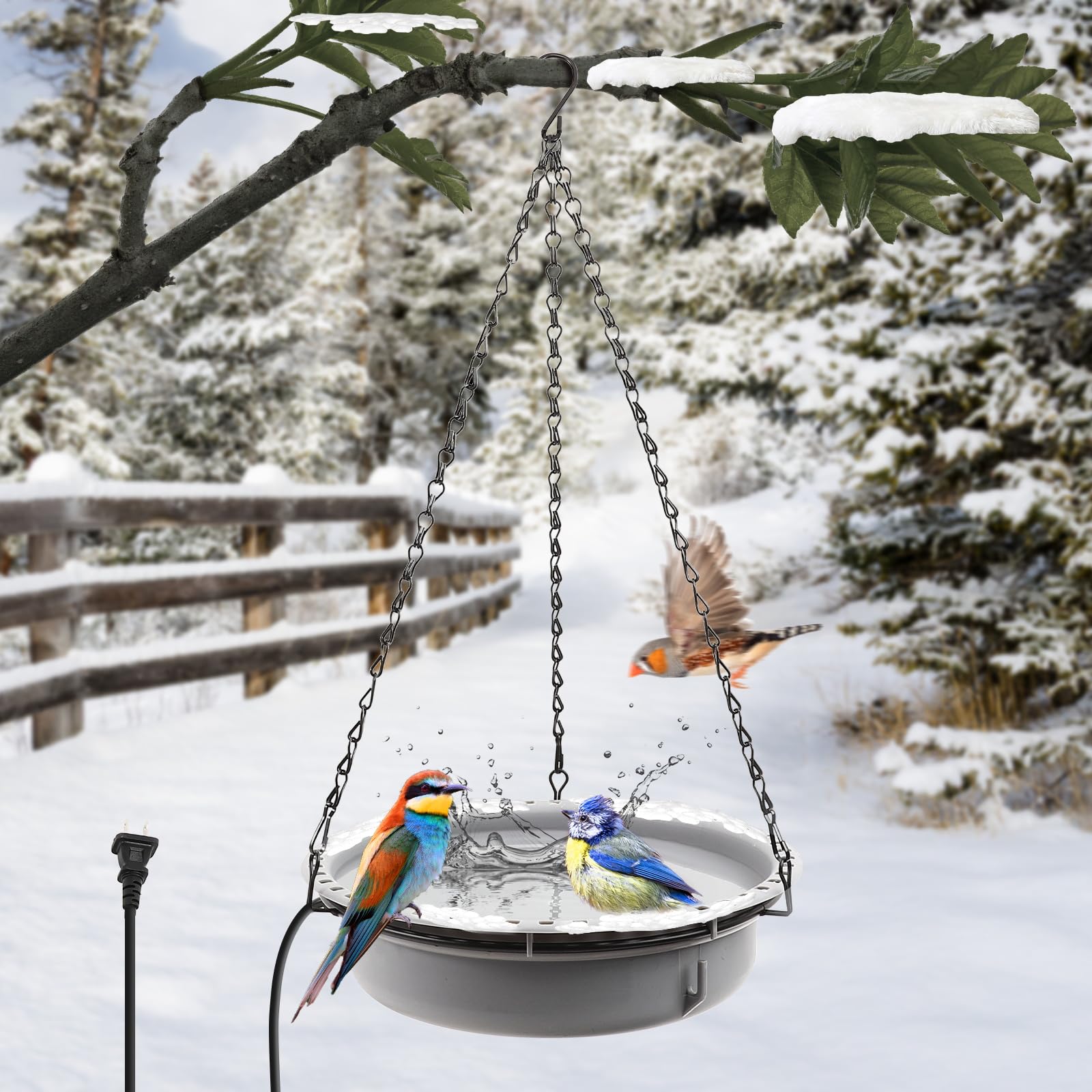 Ribgwo front view of hanging heated bird bath showing weatherproof basin and chains, invites birds