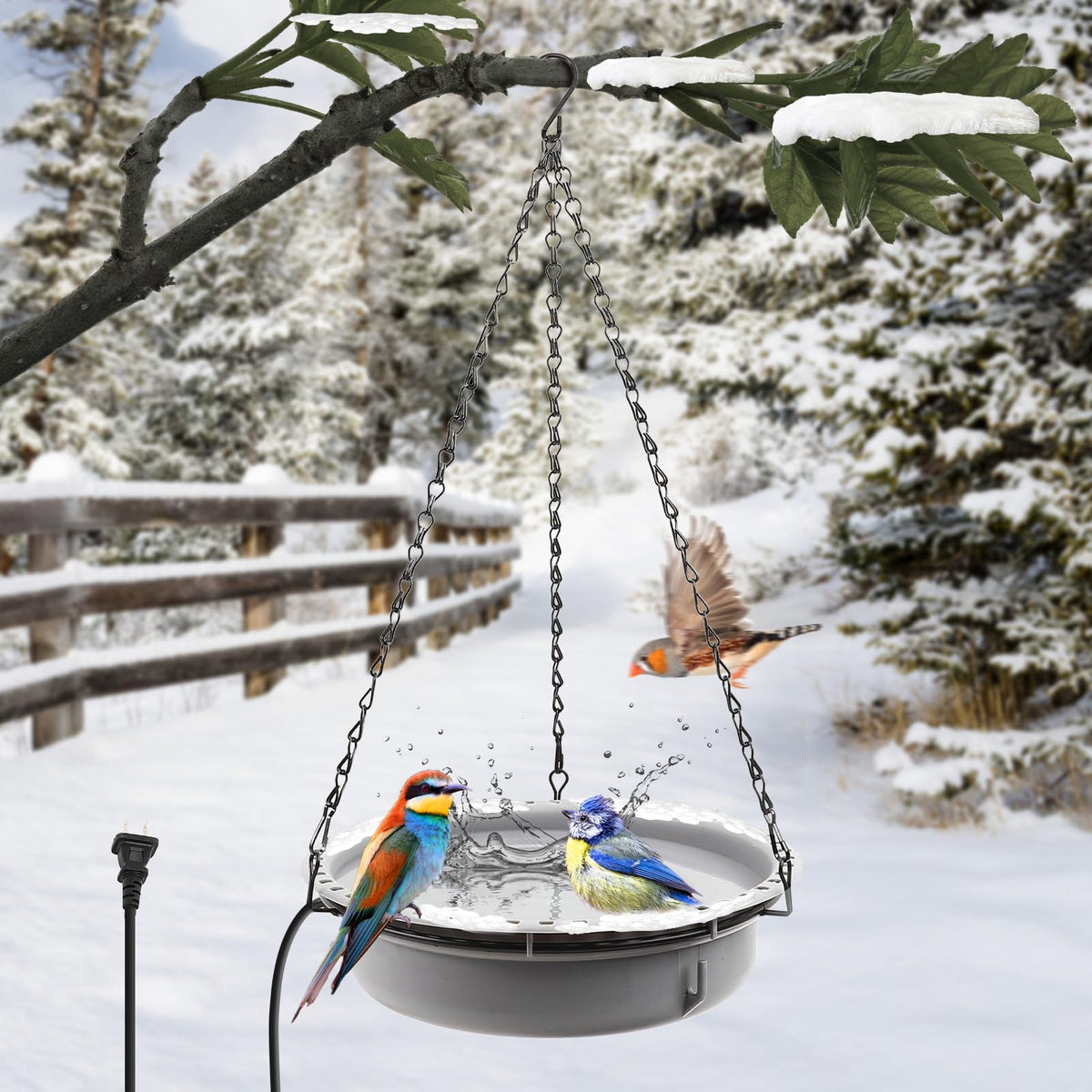 Ribgwo front view of hanging heated bird bath showing weatherproof basin and chains, invites birds