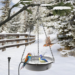 Ribgwo front view of hanging heated bird bath showing weatherproof basin and chains, invites birds