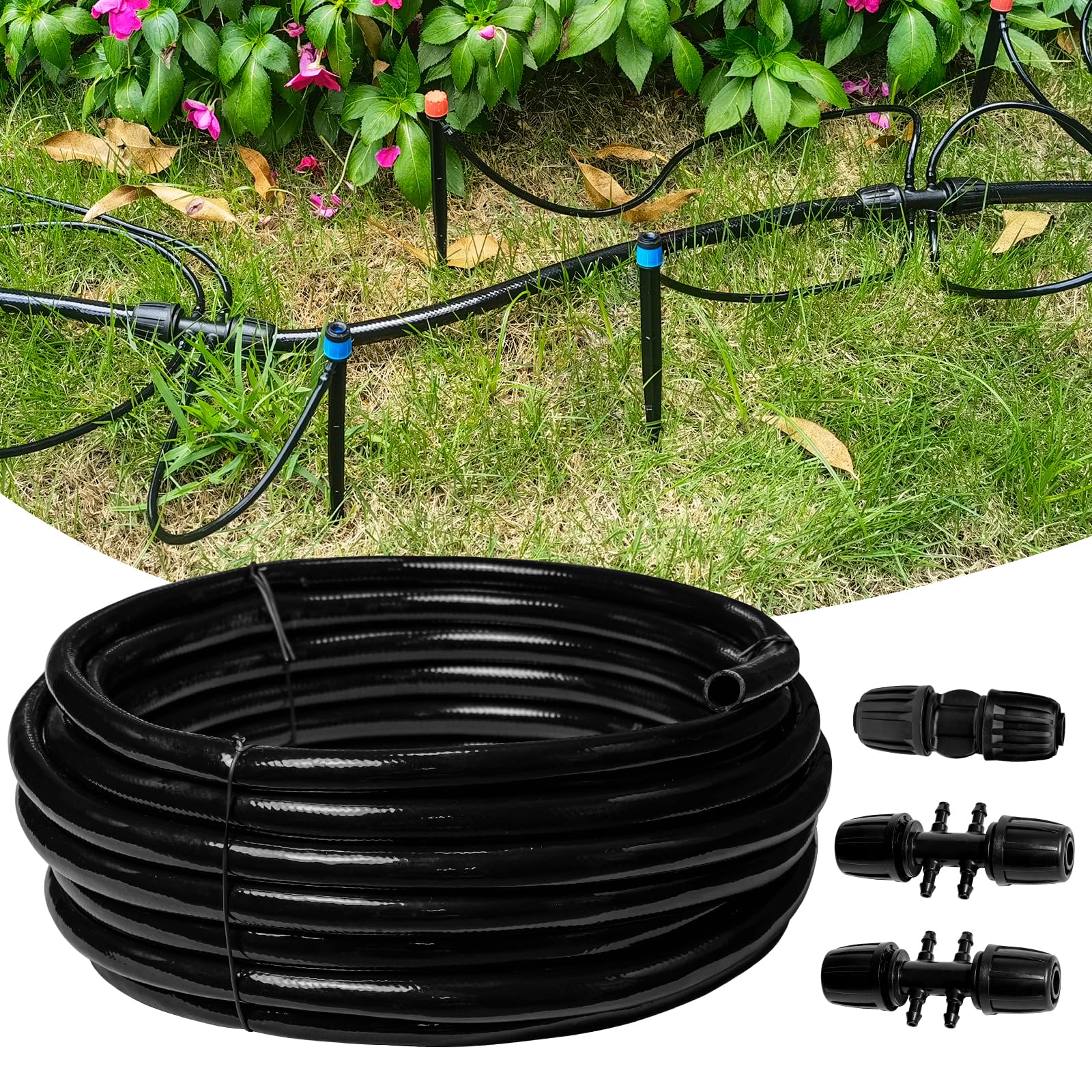 Riboud mainline front view highlighting tubing length and included connectors for reliable irrigation