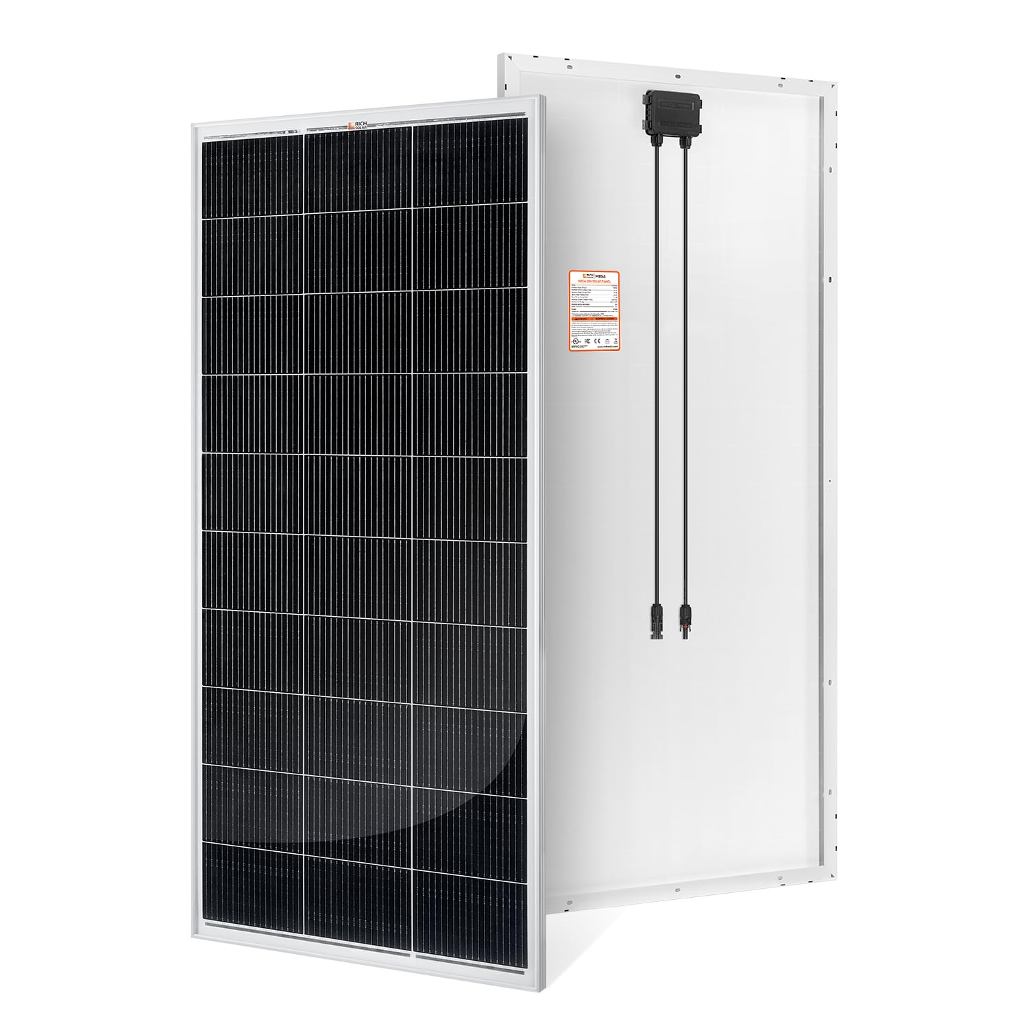 RICH SOLAR 200W front panel view showing full module and mounting holes for quick install