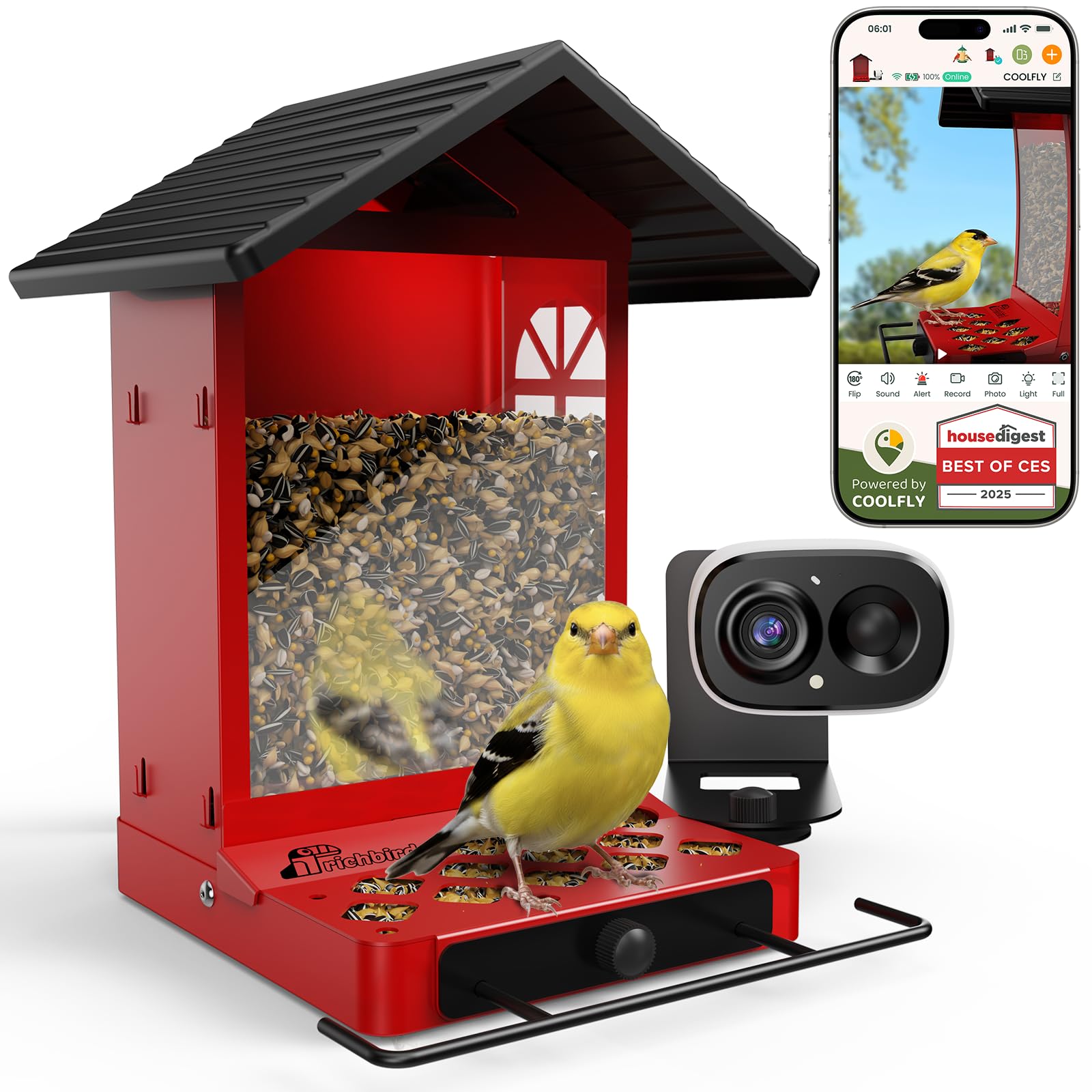 RichBird front-facing feeder showing camera and perch, clear viewing benefit