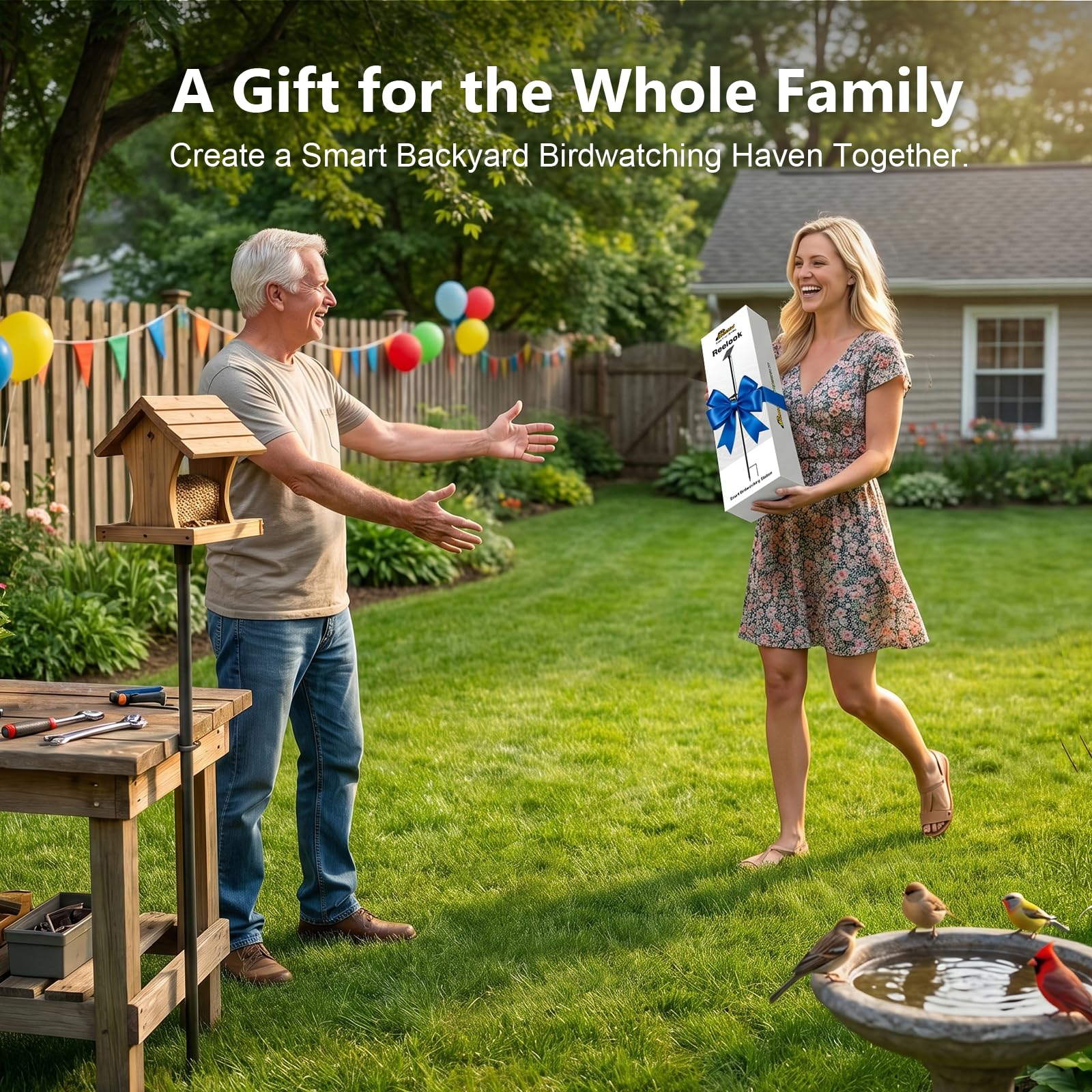 richbird backyard lifestyle shot showing shared birdwatching enjoyment benefit