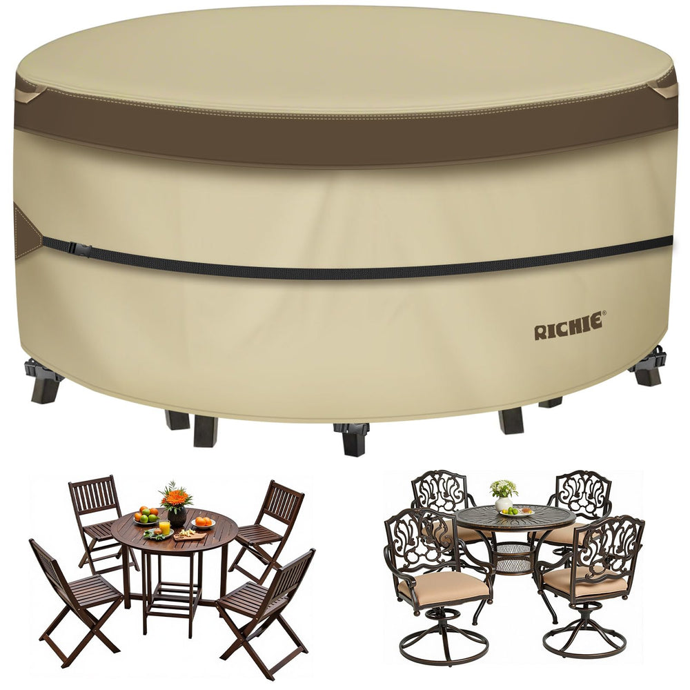 RICHIE front view of round cover protecting outdoor table and chairs