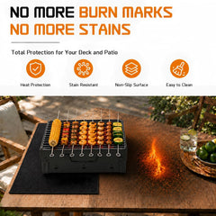 RICHIE mat placed under a large gas grill on a wooden deck for ember protection