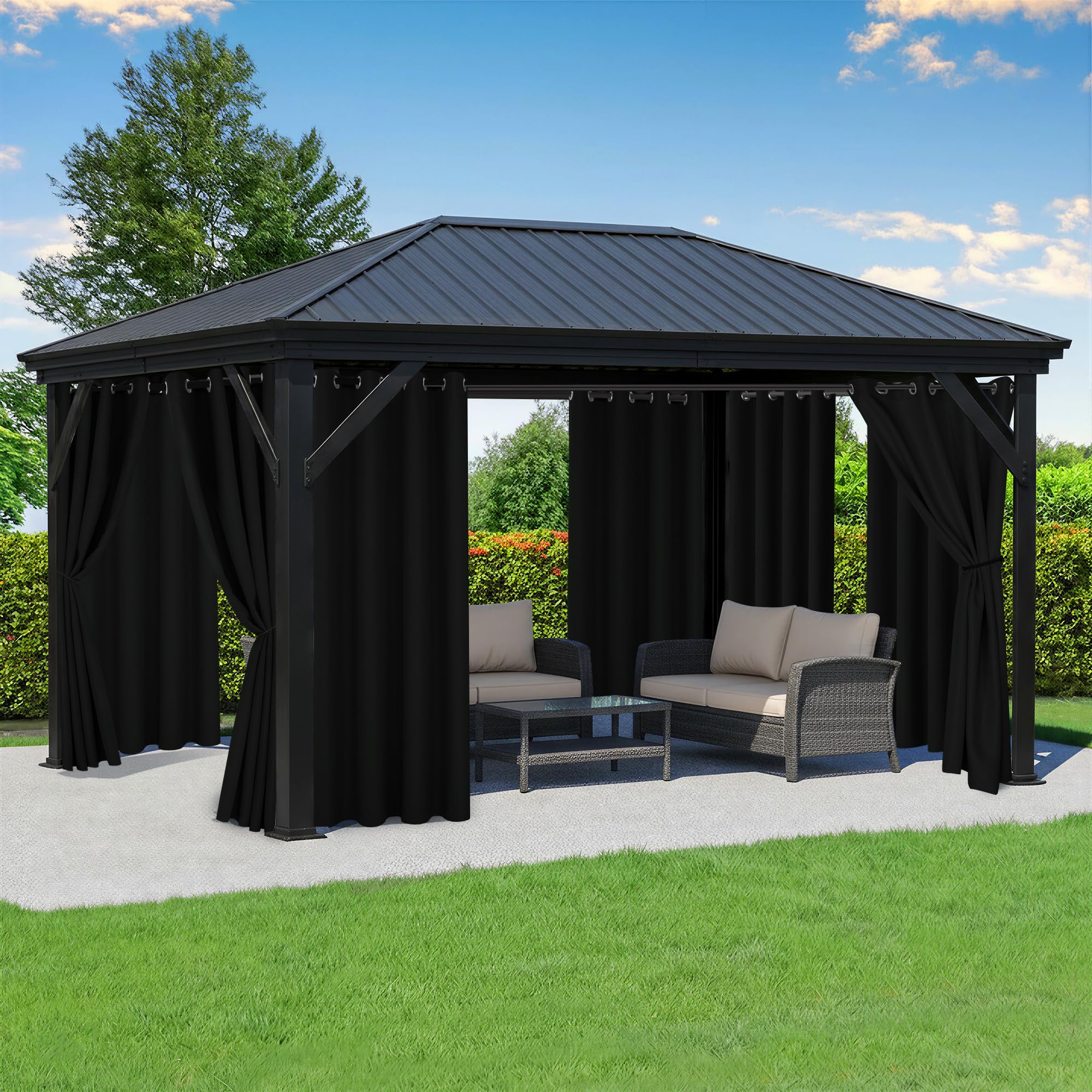 RichSets front view of black patio curtains showing clean weatherproof coverage
