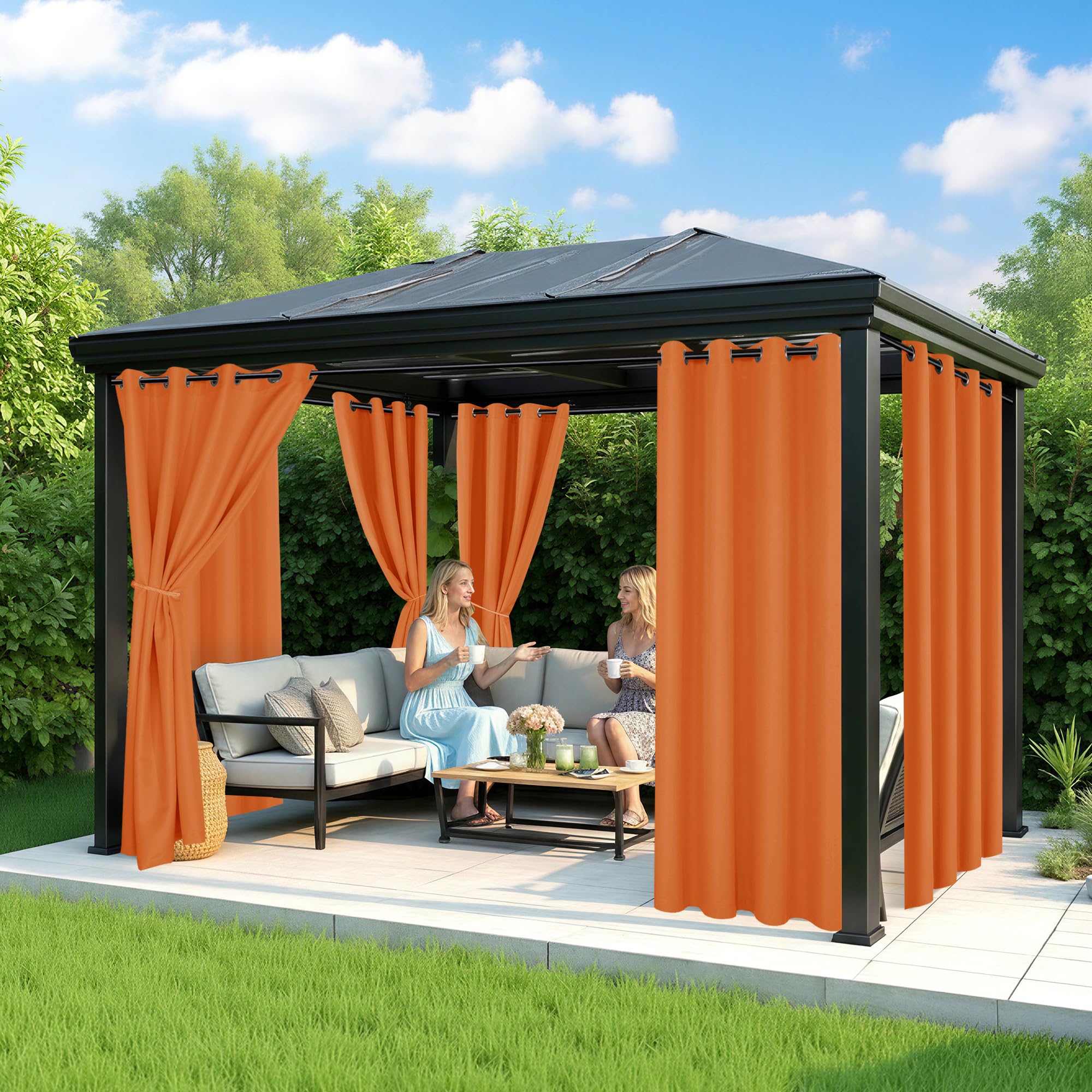 RichSets curtains hung on a patio rail creating shaded seating and sun protection