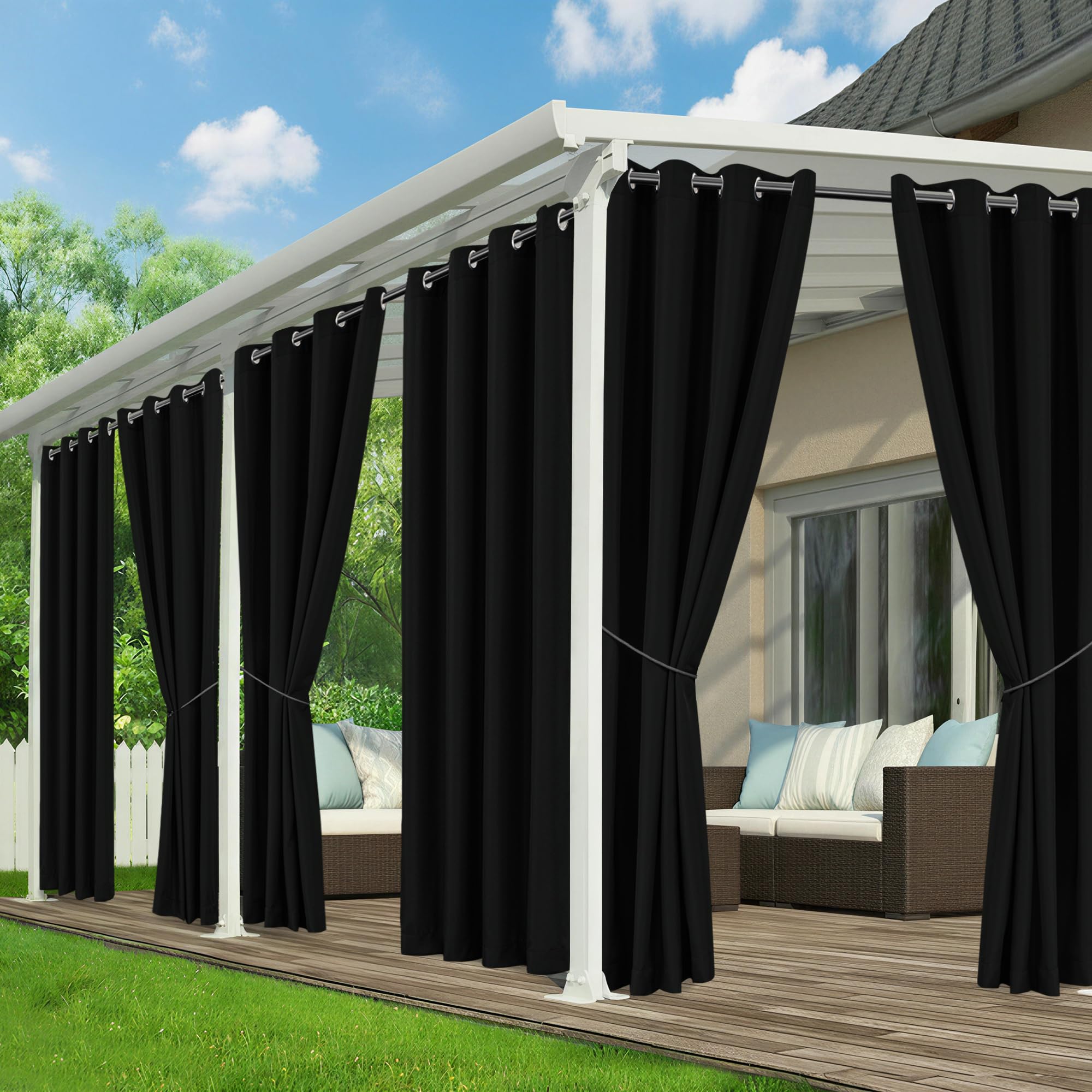 RichSets front view of black outdoor curtains showing clean modern protection