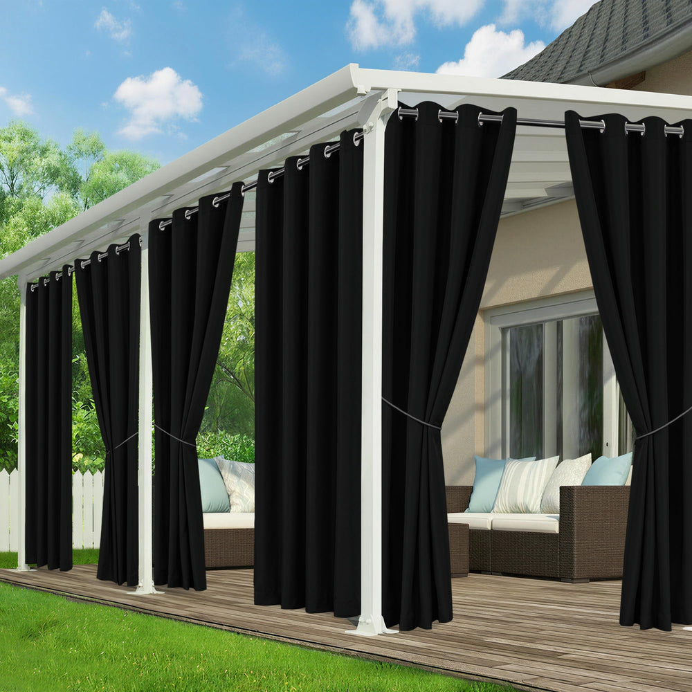 RichSets front view of black outdoor curtains showing clean modern protection