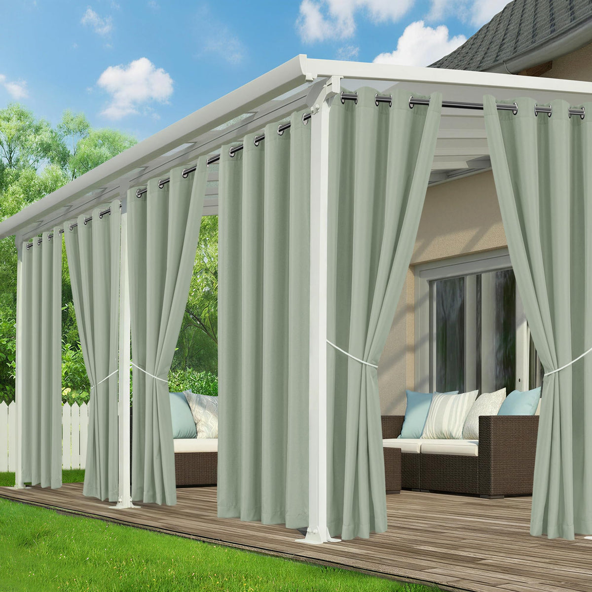 RichSets front view of six packaged outdoor curtain panels, shows full set and benefit of complete coverage