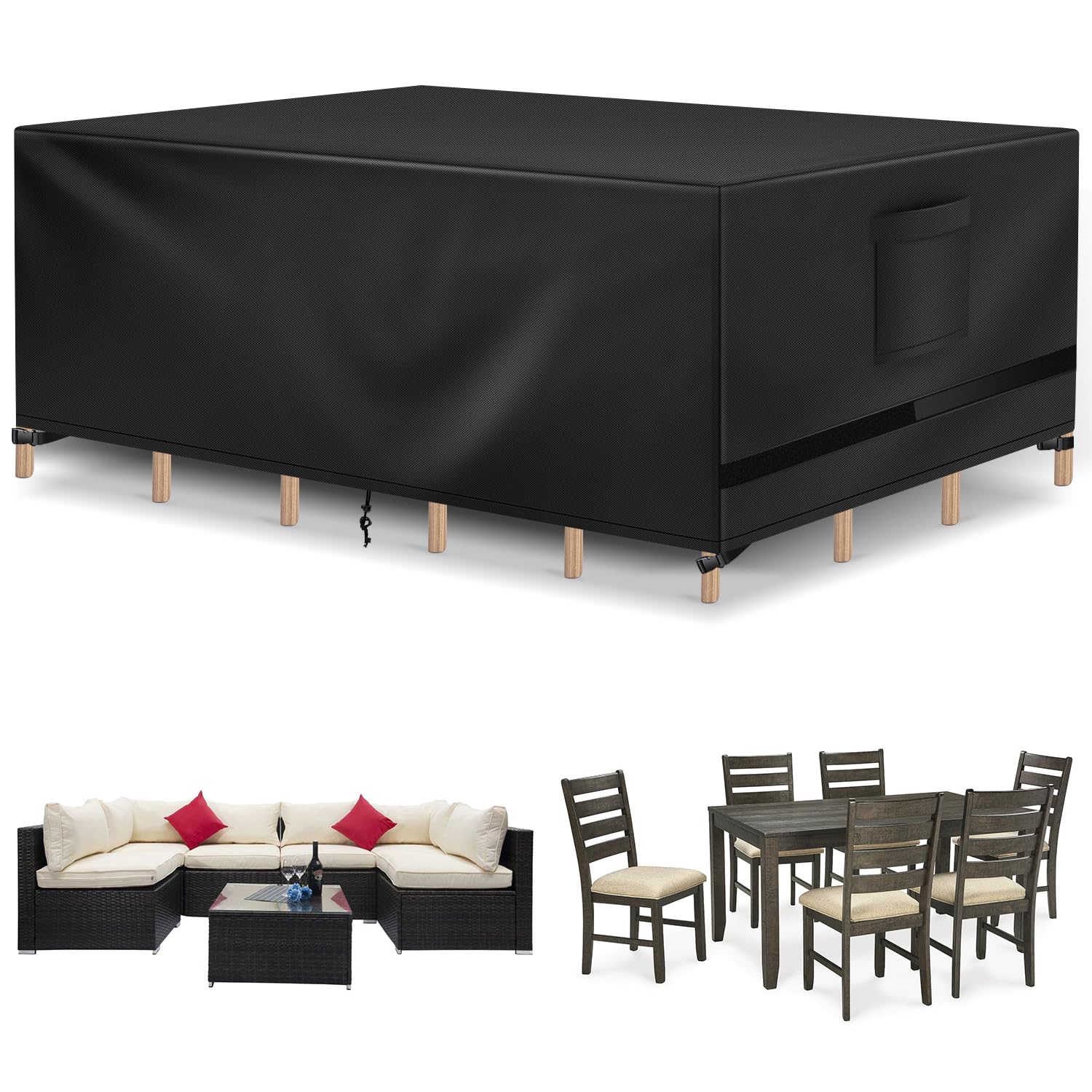 Richwon front view showing full coverage protecting patio table and chairs