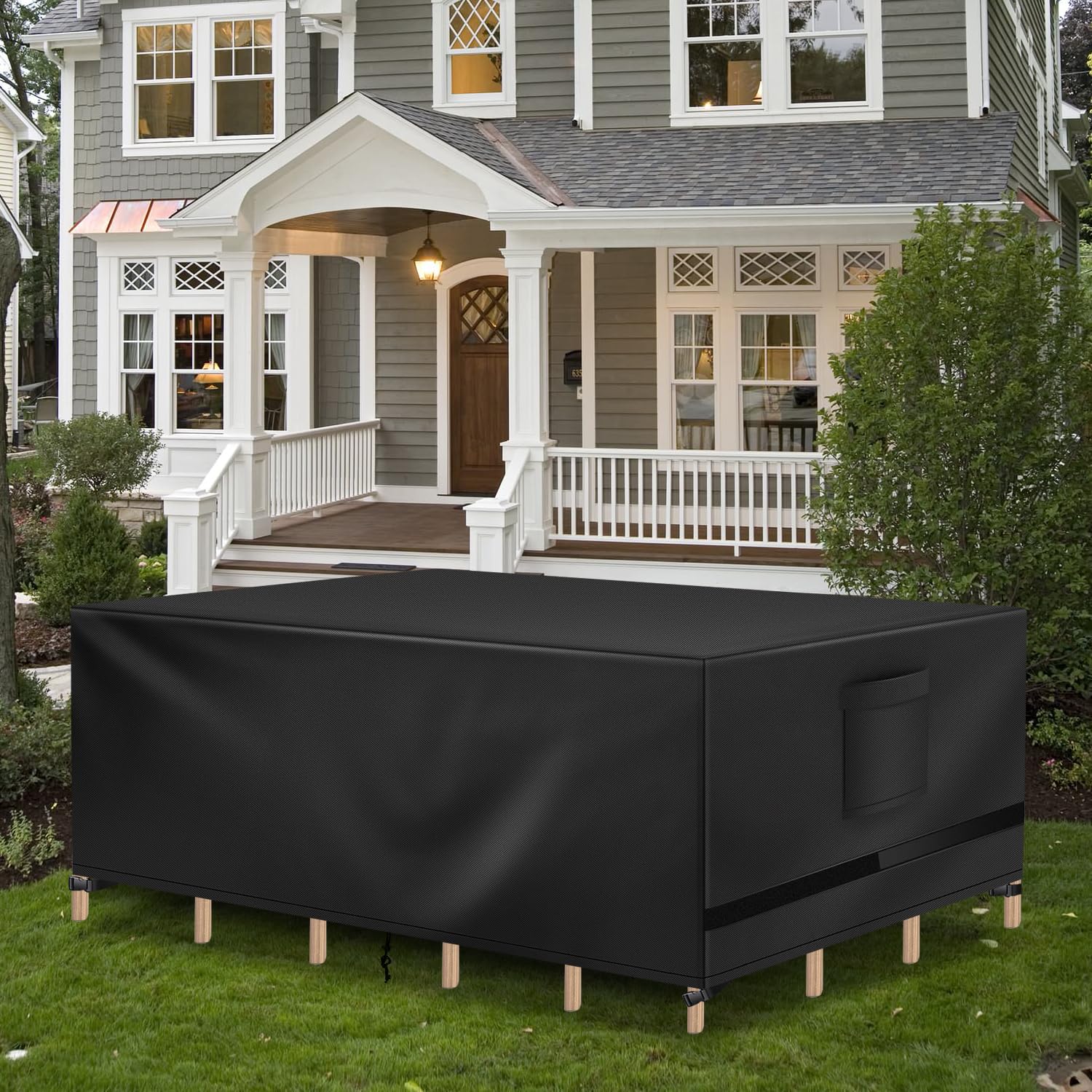 Richwon cover in backyard lifestyle scene keeping furniture clean and dry