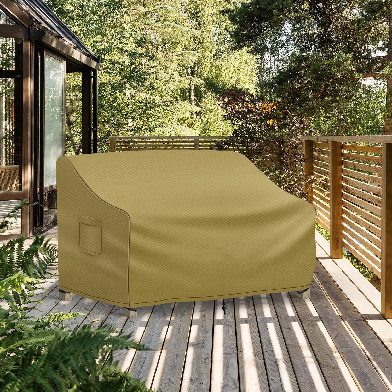 Richwon covered loveseat in patio setting showing weather protection benefit