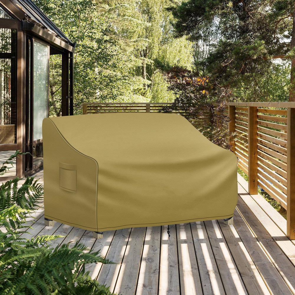 Richwon covered loveseat in patio setting showing weather protection benefit