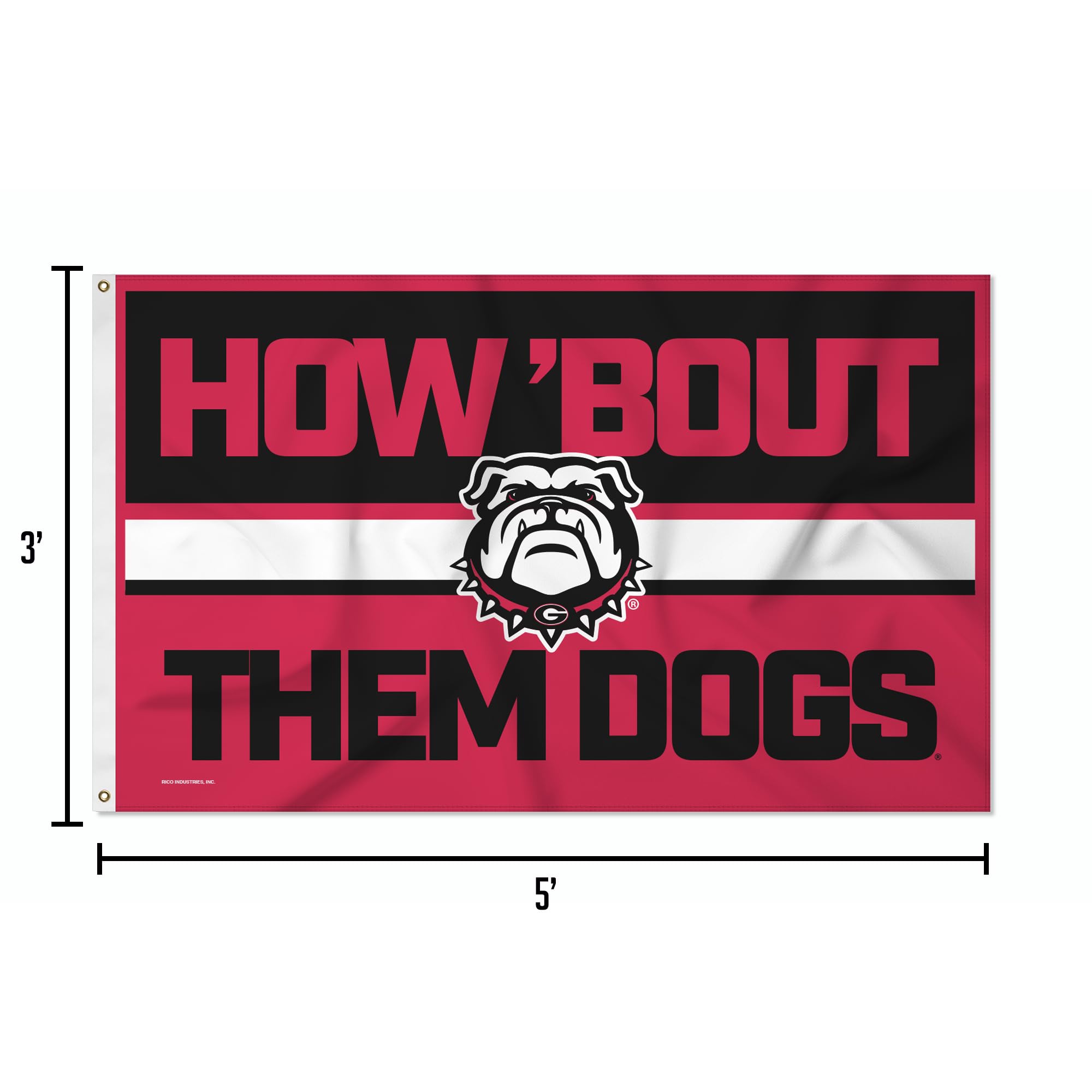 Rico Industries Georgia Bulldogs packaged flag with label indicating official licensing