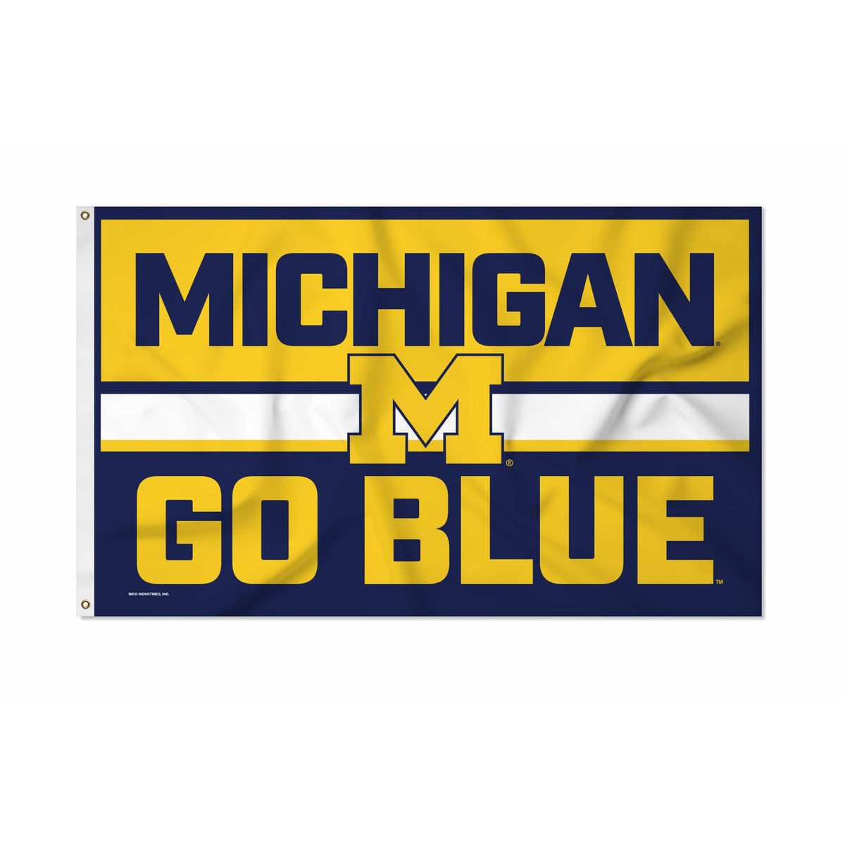 Rico Industries Michigan Wolverines flag front view showing team logo and bold colors for instant pride
