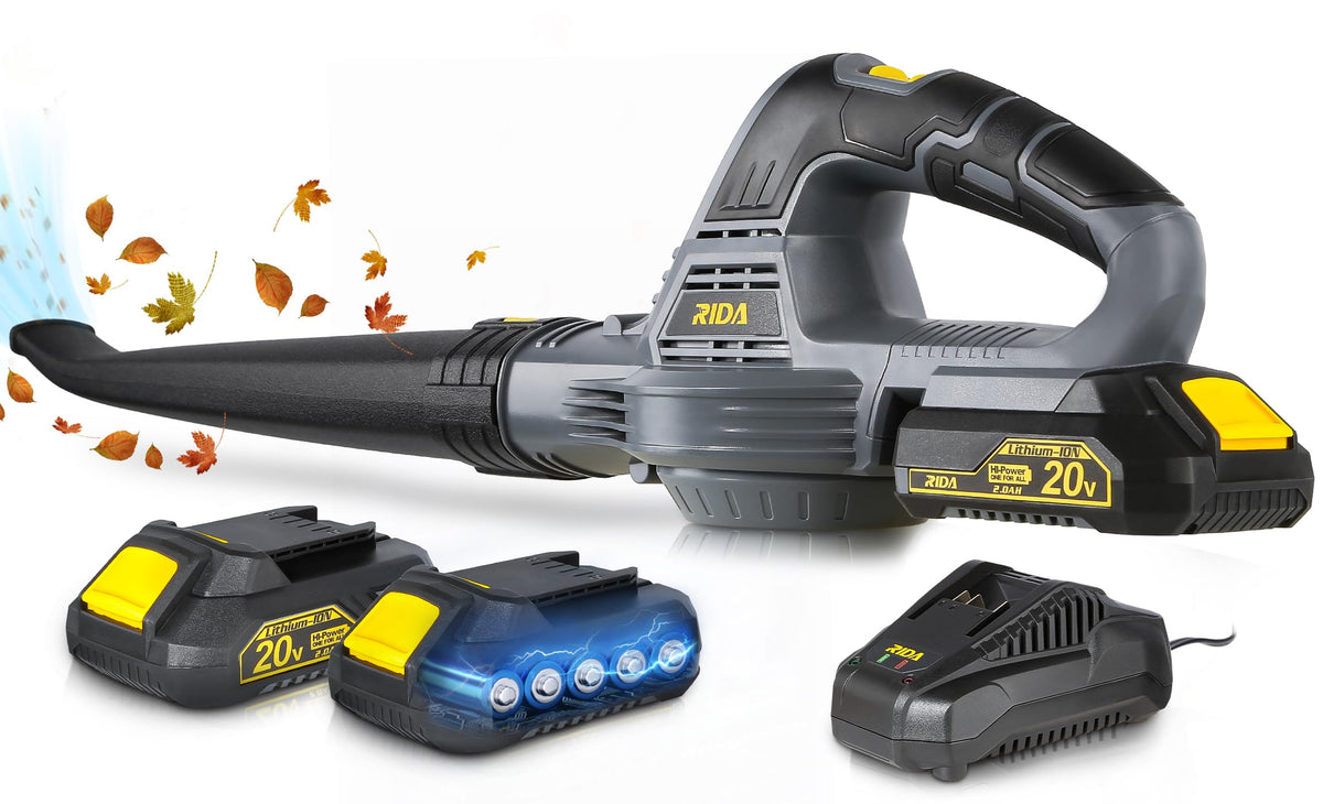 RIDA front view showing compact cordless blower and nozzle, ready to use