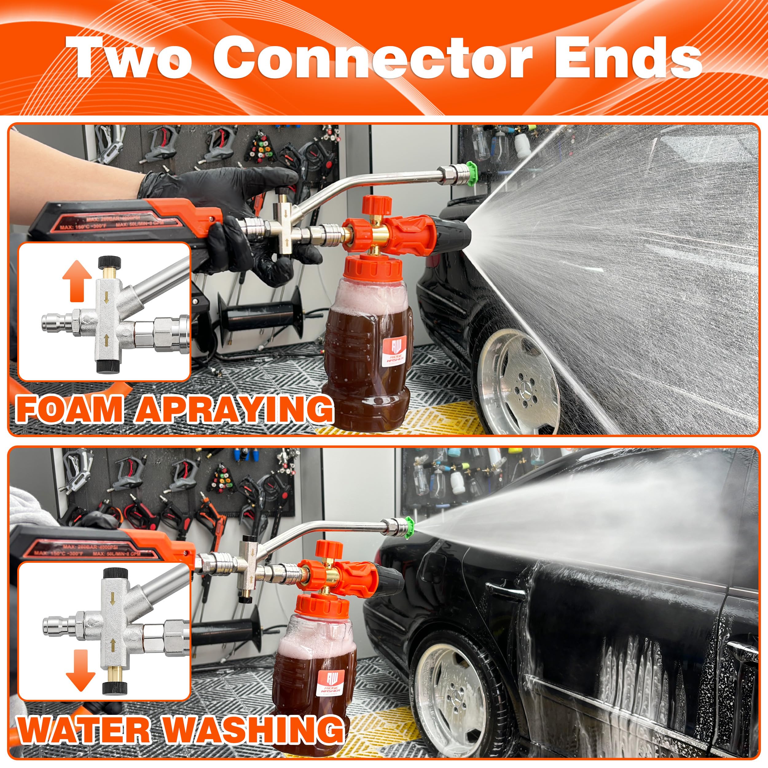 RIDGE WASHER dual connector valve detail, switch between foam and rinse