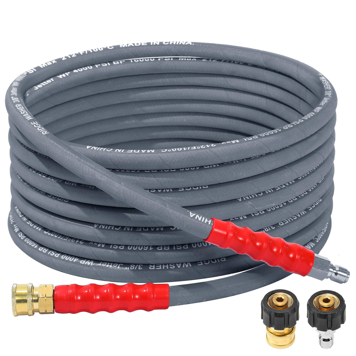 RIDGE WASHER front view of 25 ft hose showing label and length benefit