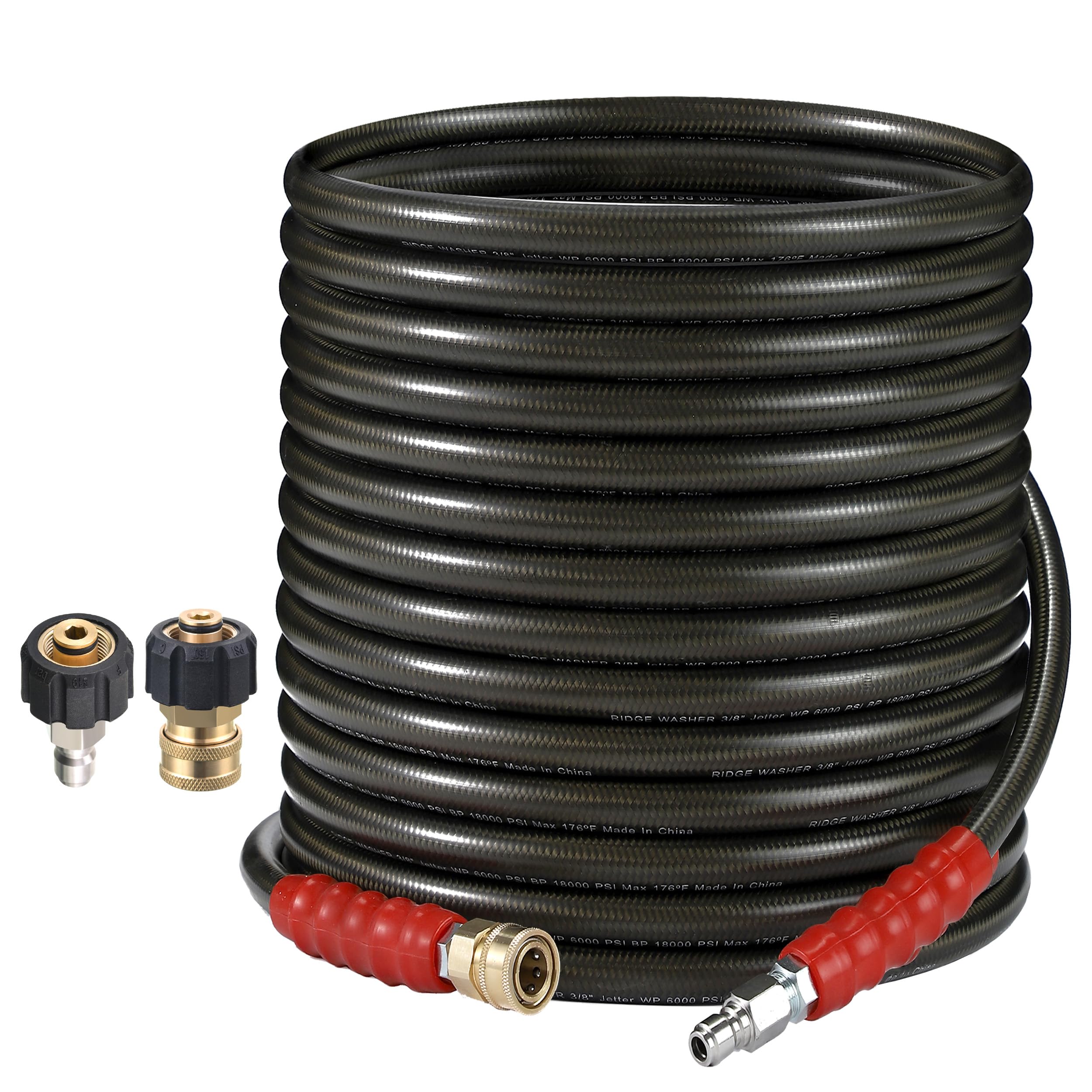 RIDGE WASHER front view showing full 50ft hose and label for easy selection
