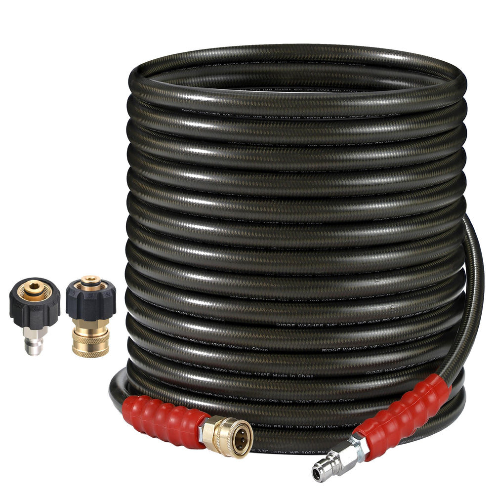RIDGE WASHER front view showing full 50ft hose and label for easy selection