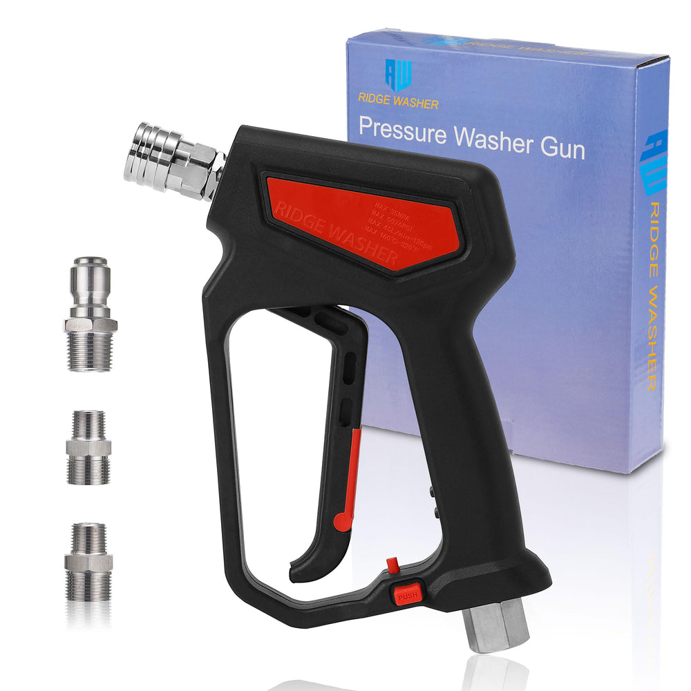 RIDGE WASHER front view of short pressure washer gun highlighting compact design and durability