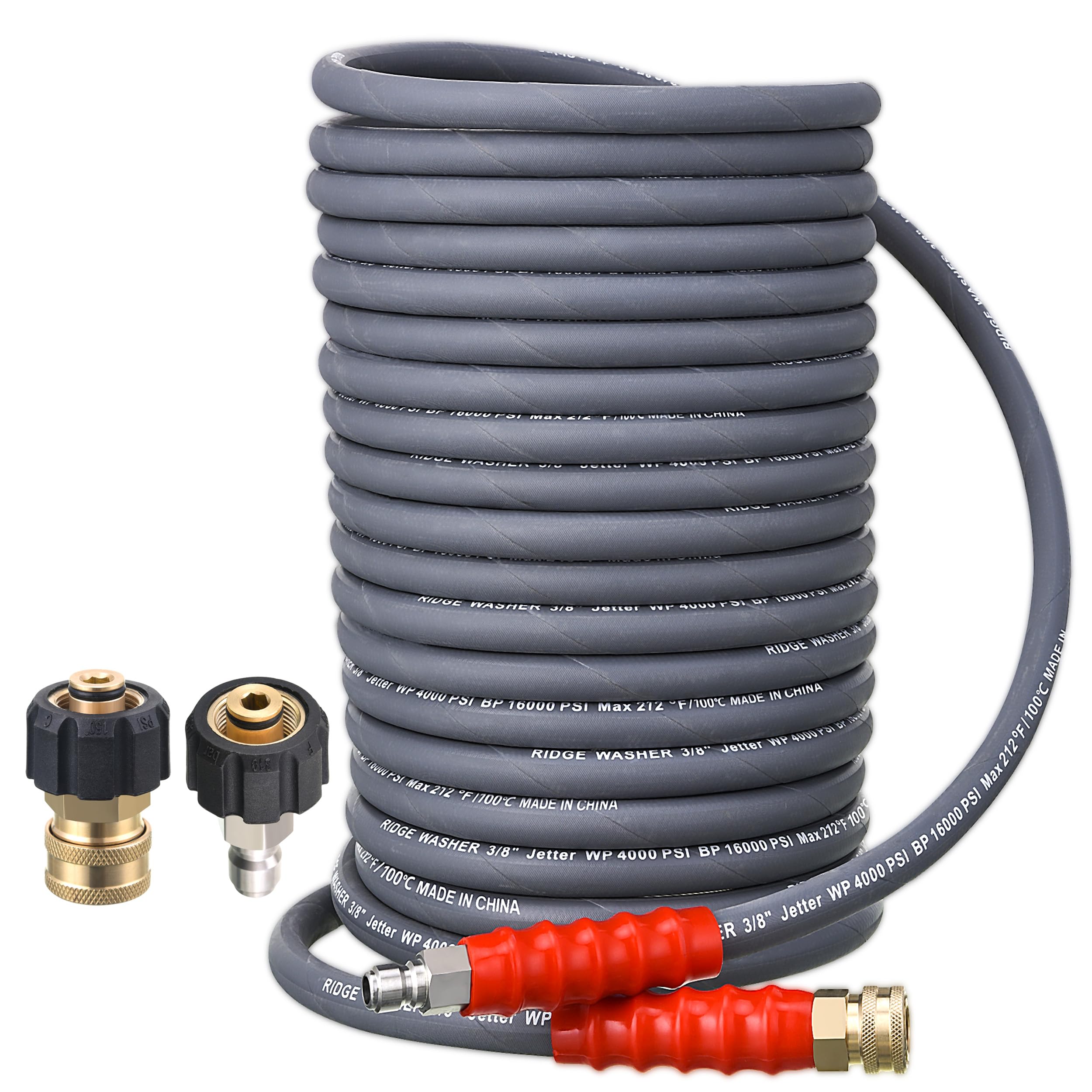 RIDGE WASHER front packaging showing hose and included adapters, highlights durability