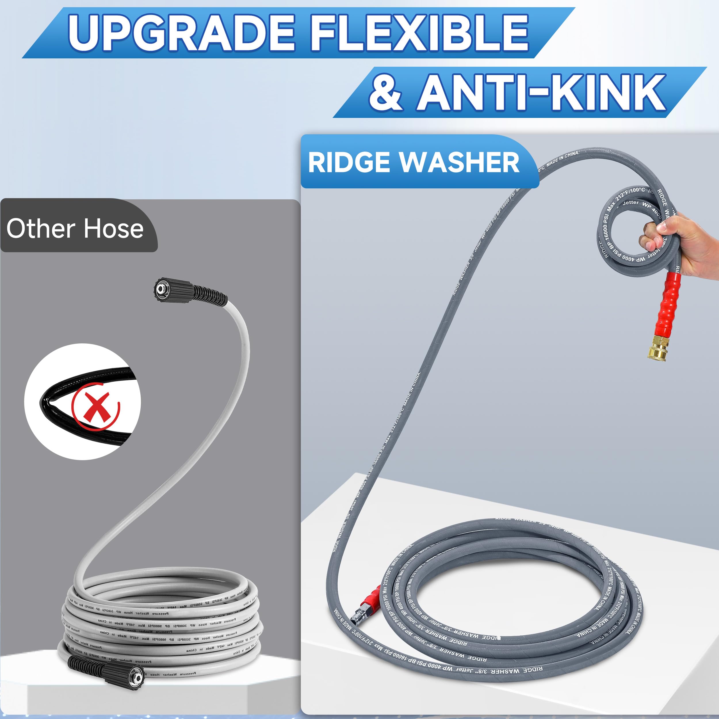 RIDGE WASHER pressure washer hose in use cleaning a wooden deck efficiently