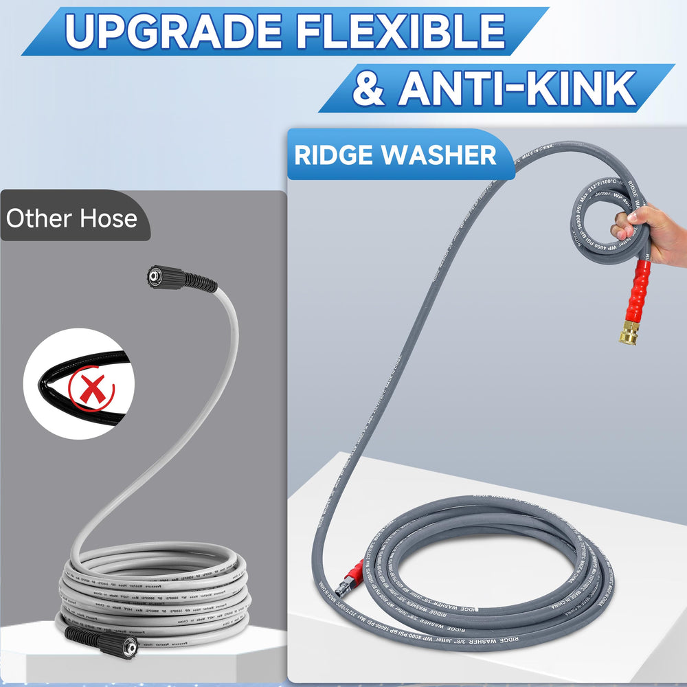 RIDGE WASHER pressure washer hose in use cleaning a wooden deck efficiently