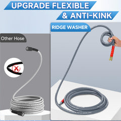 RIDGE WASHER pressure washer hose in use cleaning a wooden deck efficiently