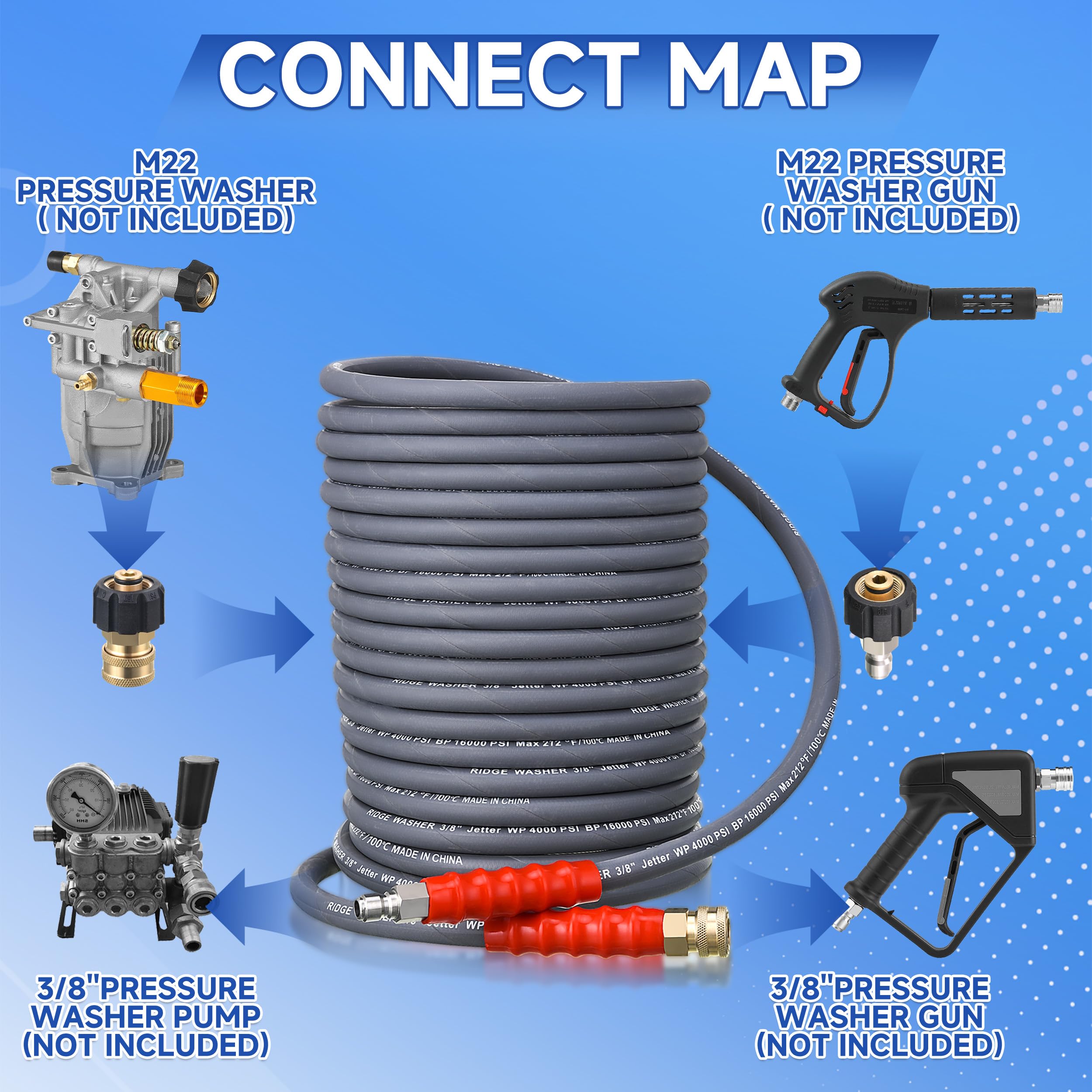 RIDGE WASHER hose connected to pressure washer, demonstrates reliable in-use performance