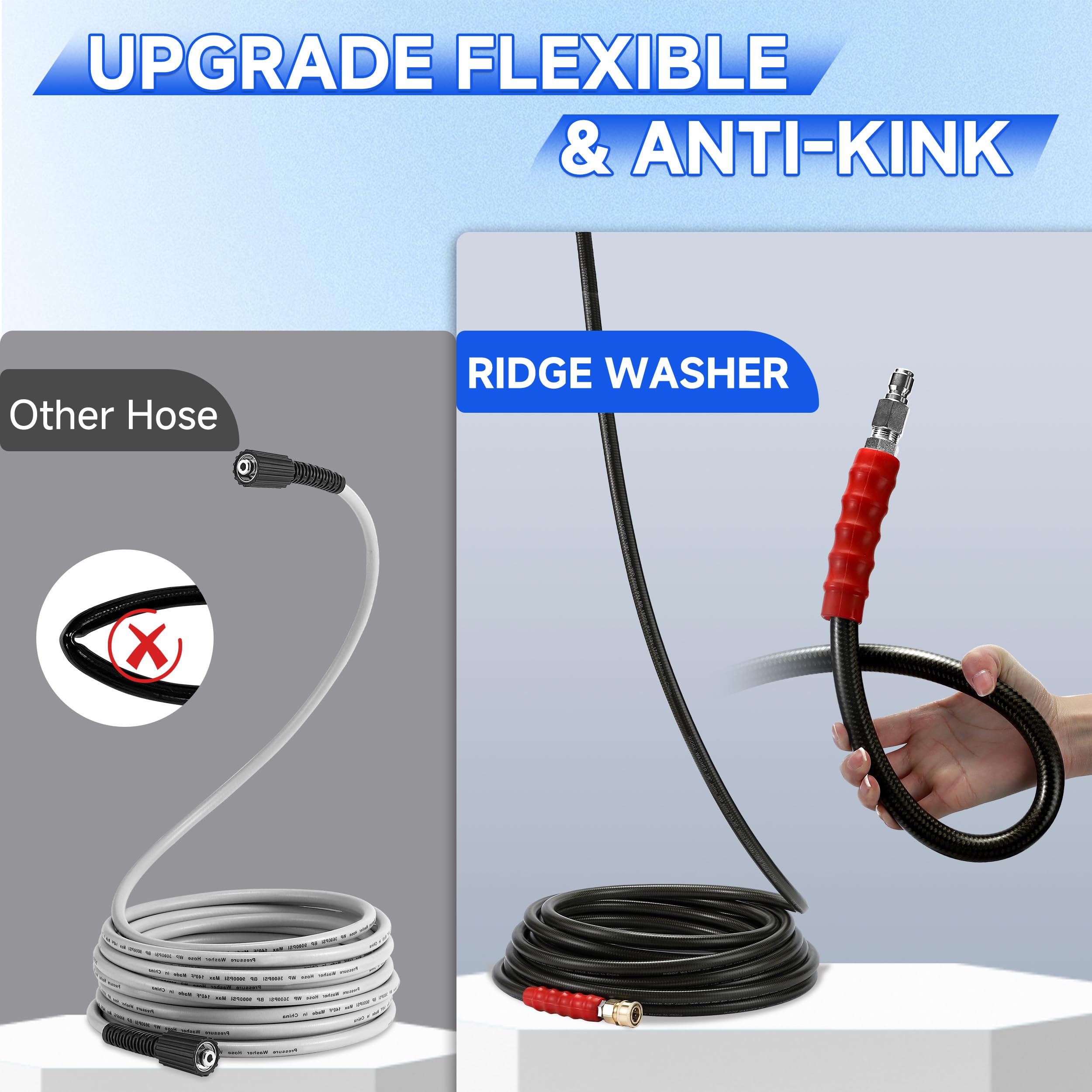 RIDGE WASHER hose attached to pressure gun cleaning driveway for extended reach