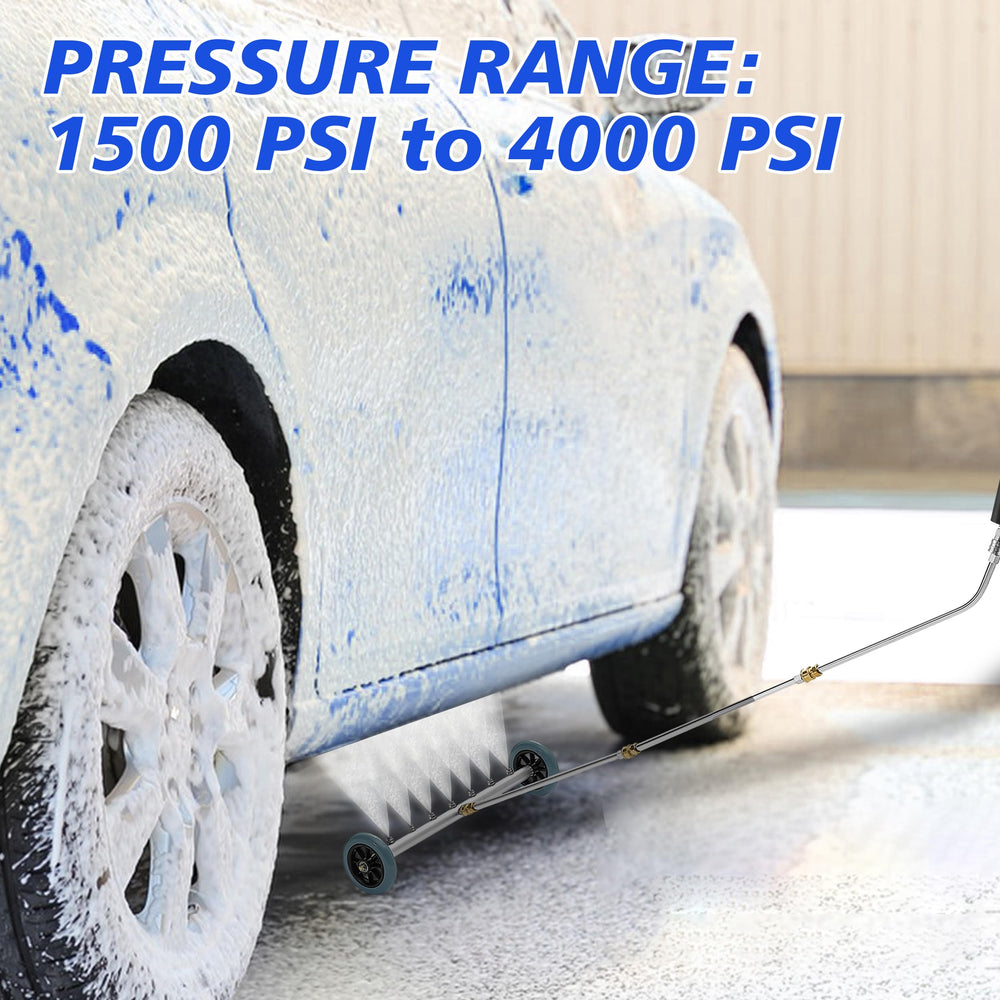 RIDGE WASHER in use beneath an SUV demonstrating hands-free undercarriage rinsing benefit