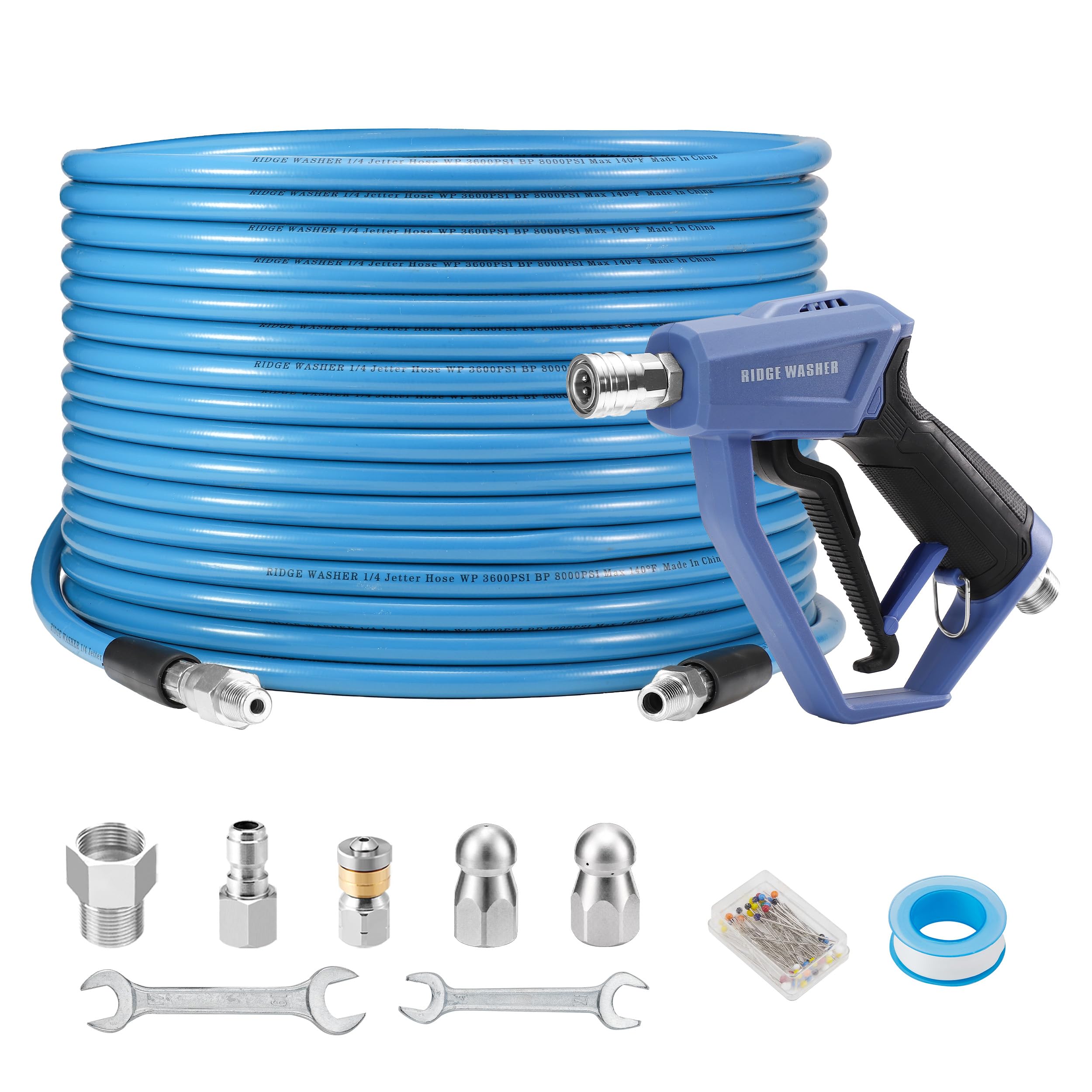 RIDGE WASHER kit front layout showing hose and nozzles for quick setup benefit