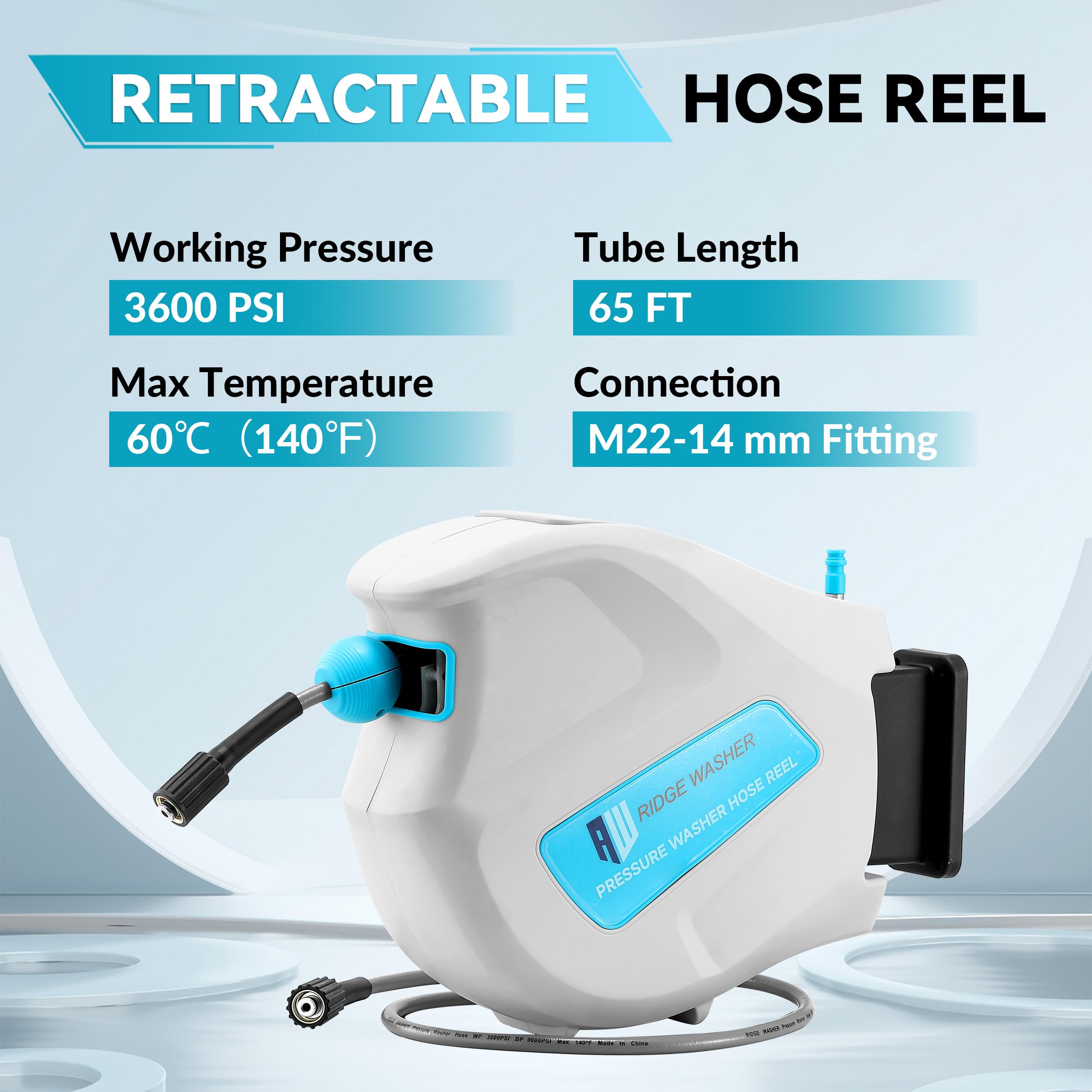 RIDGE WASHER scale shot with person showing 65 ft hose reach and real-world size