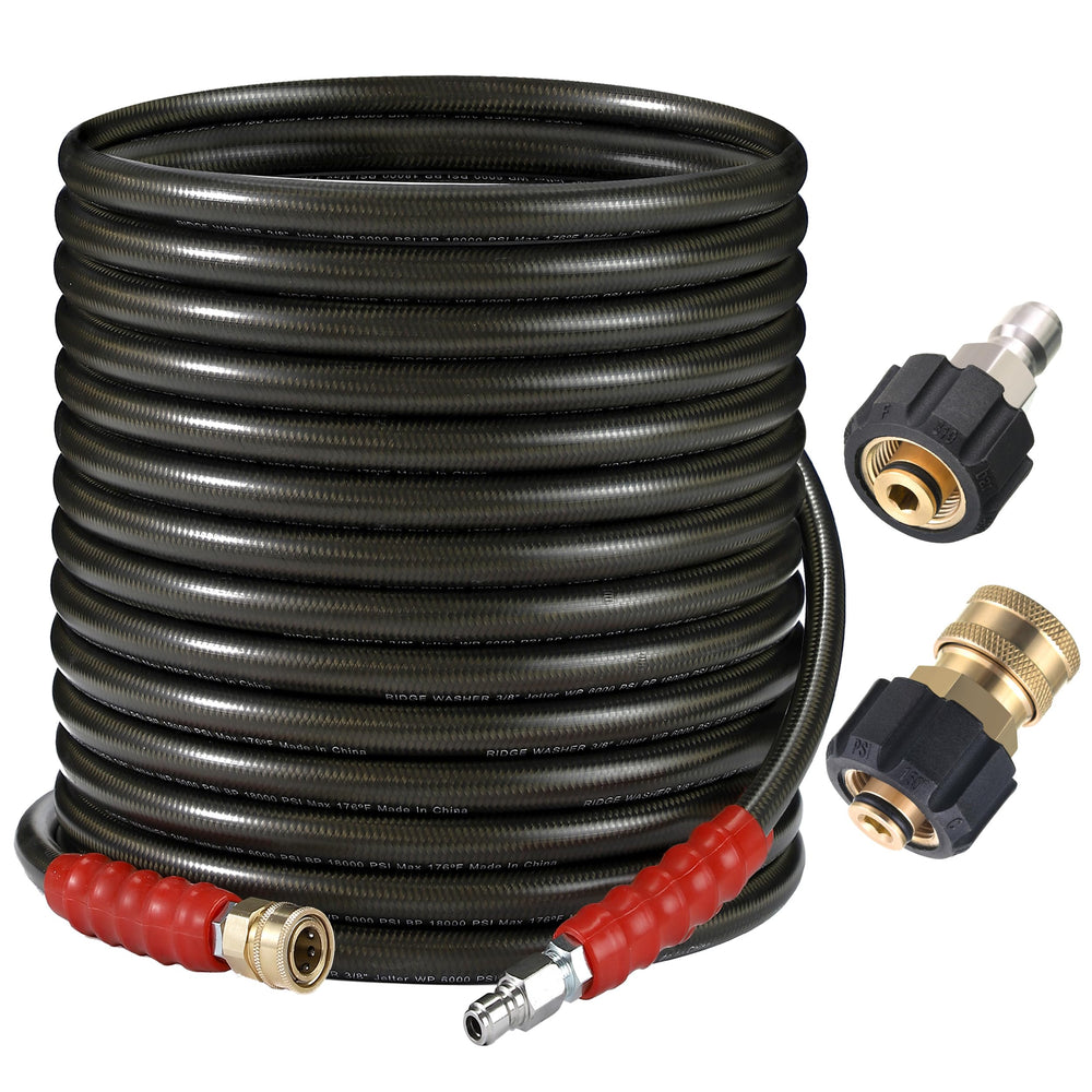 RIDGE WASHER hose beside ruler showing 50ft length for scale and planning