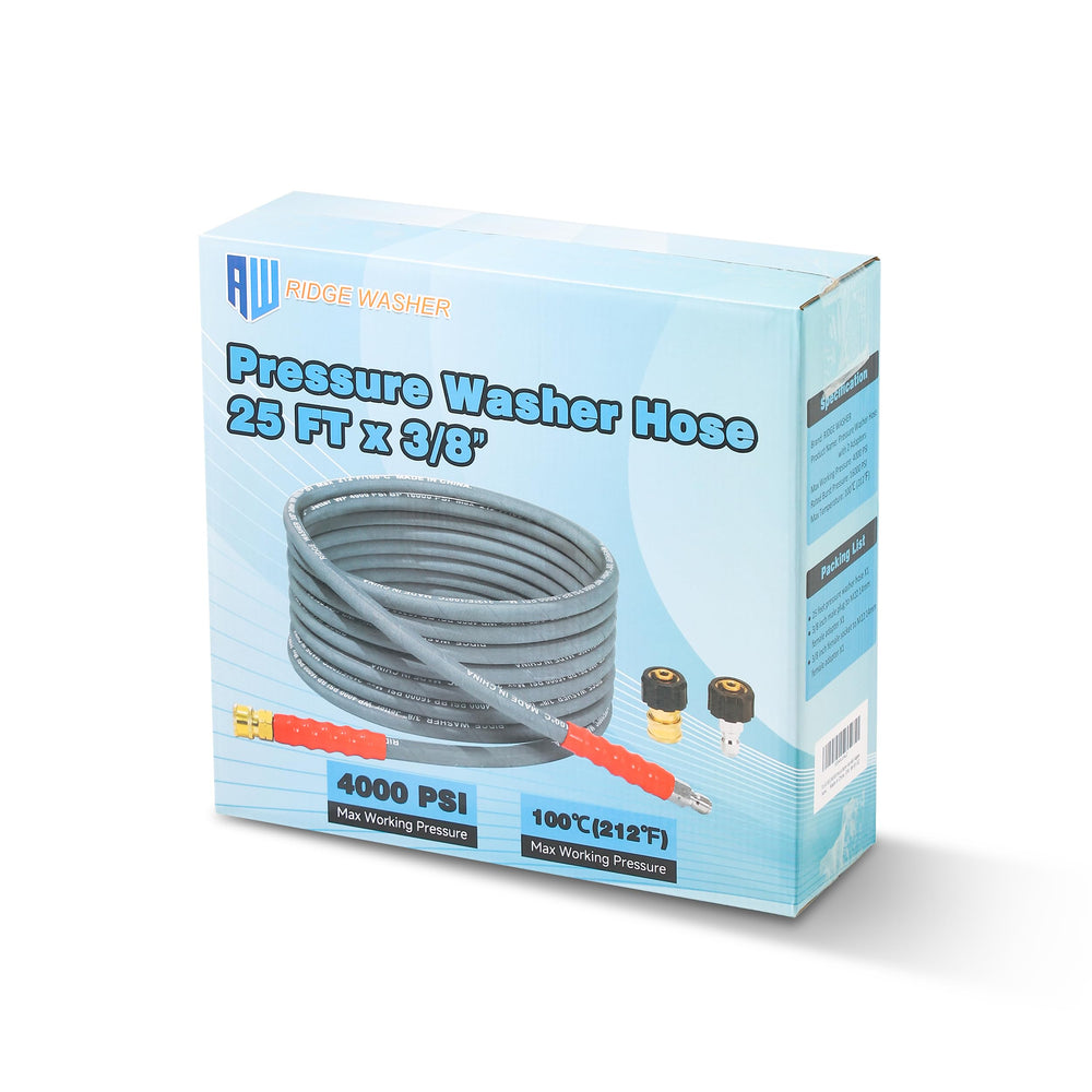 RIDGE WASHER hose neatly stored in garage demonstrating compact portability
