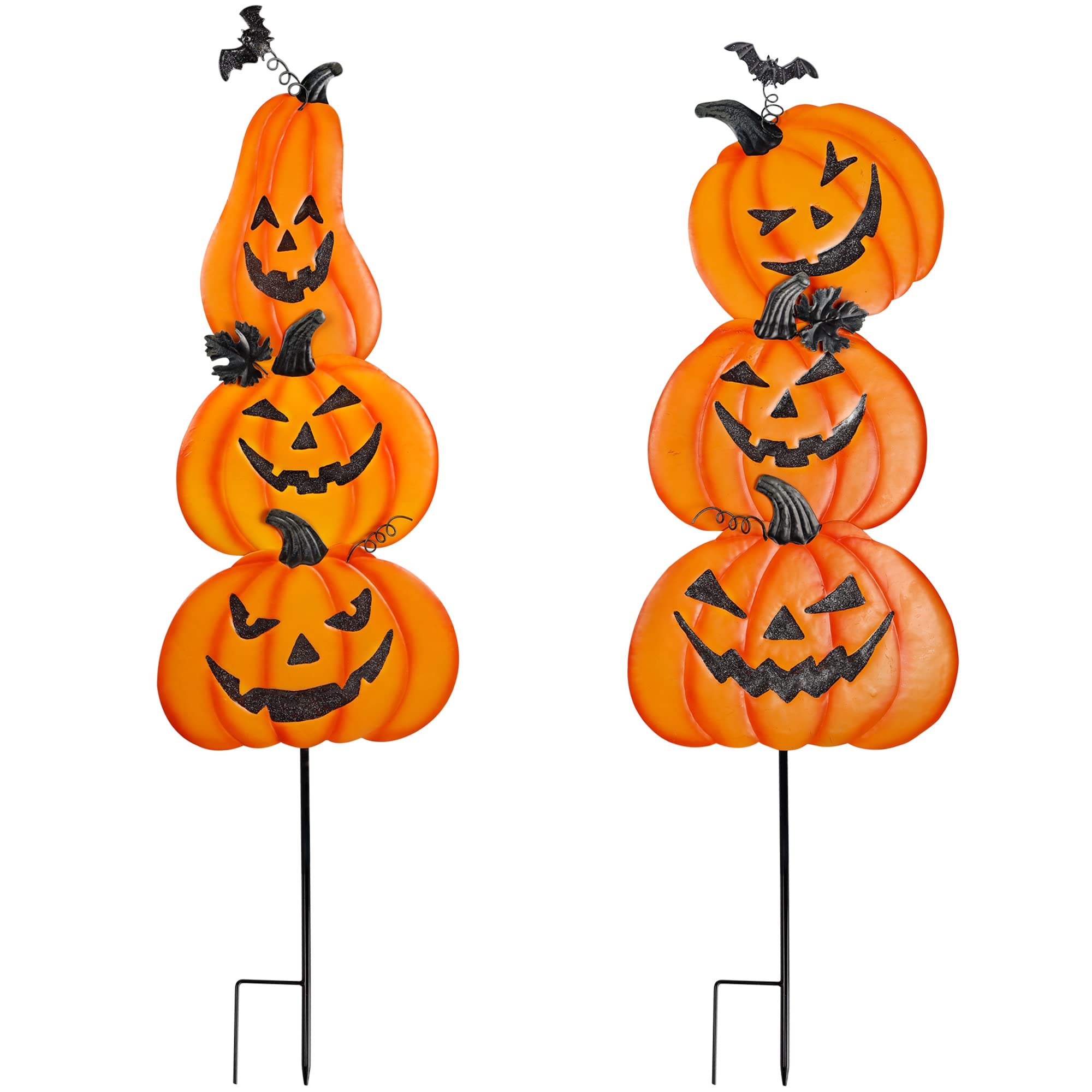 Ridota front view of two-pack pumpkin stakes showing cheerful faces and bright orange color, adds curb appeal