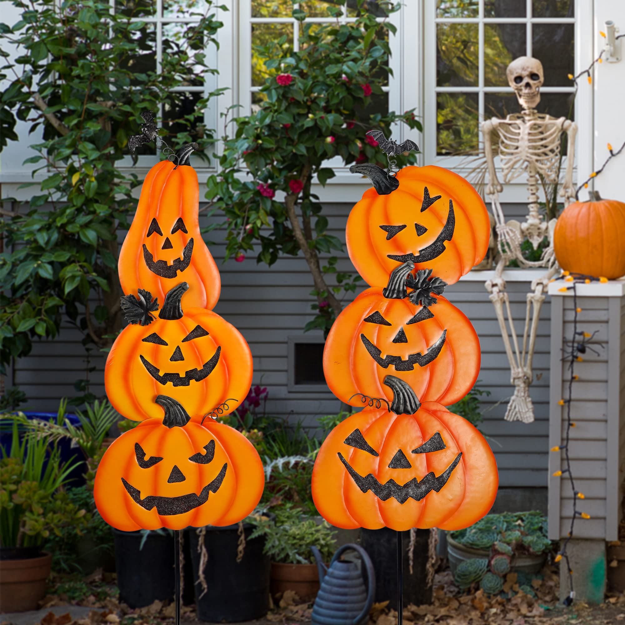 Ridota porch scene with stakes near steps, illustrates welcoming Halloween décor and festive curb appeal