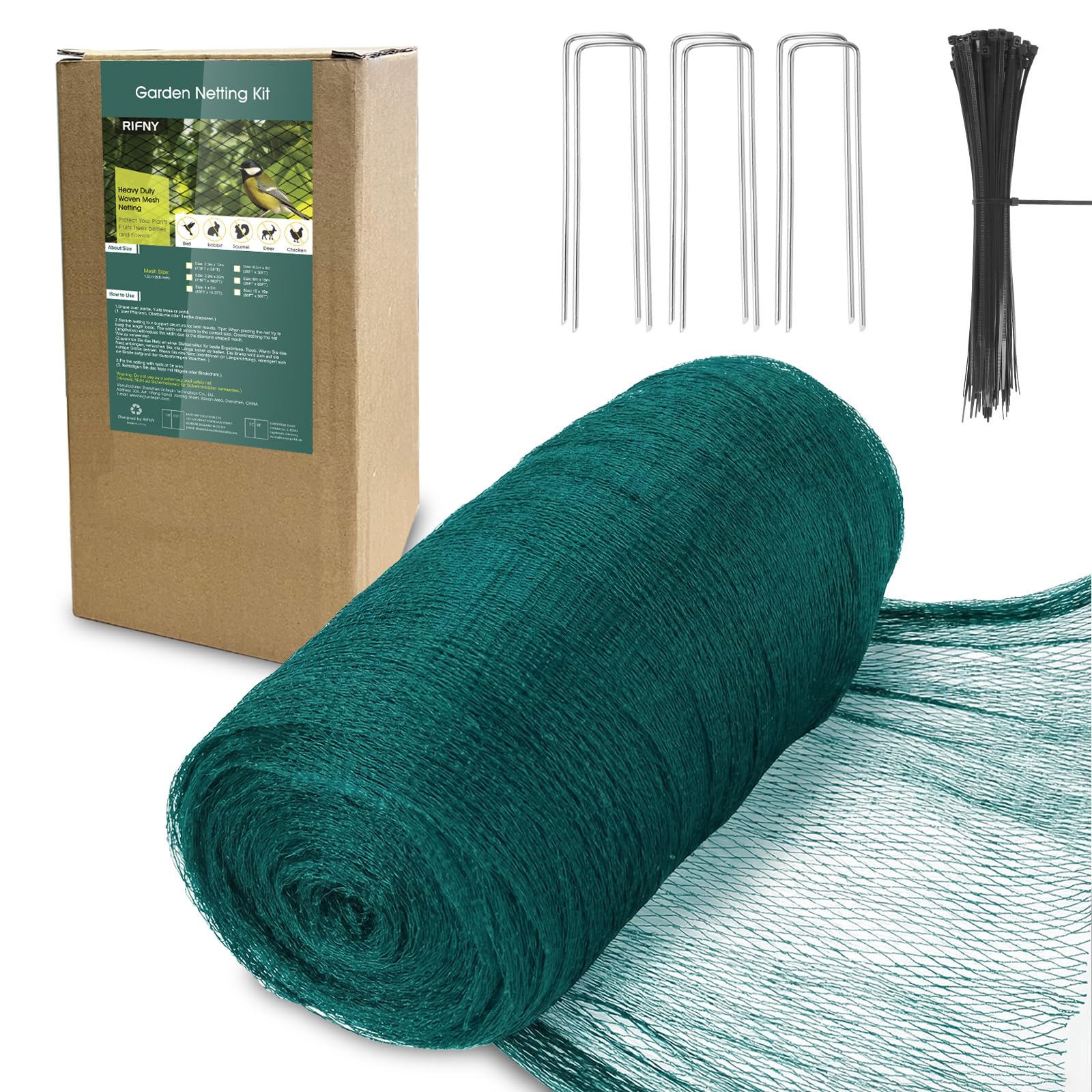 RIFNY front packaging showing 28x30ft netting and included staples for easy setup