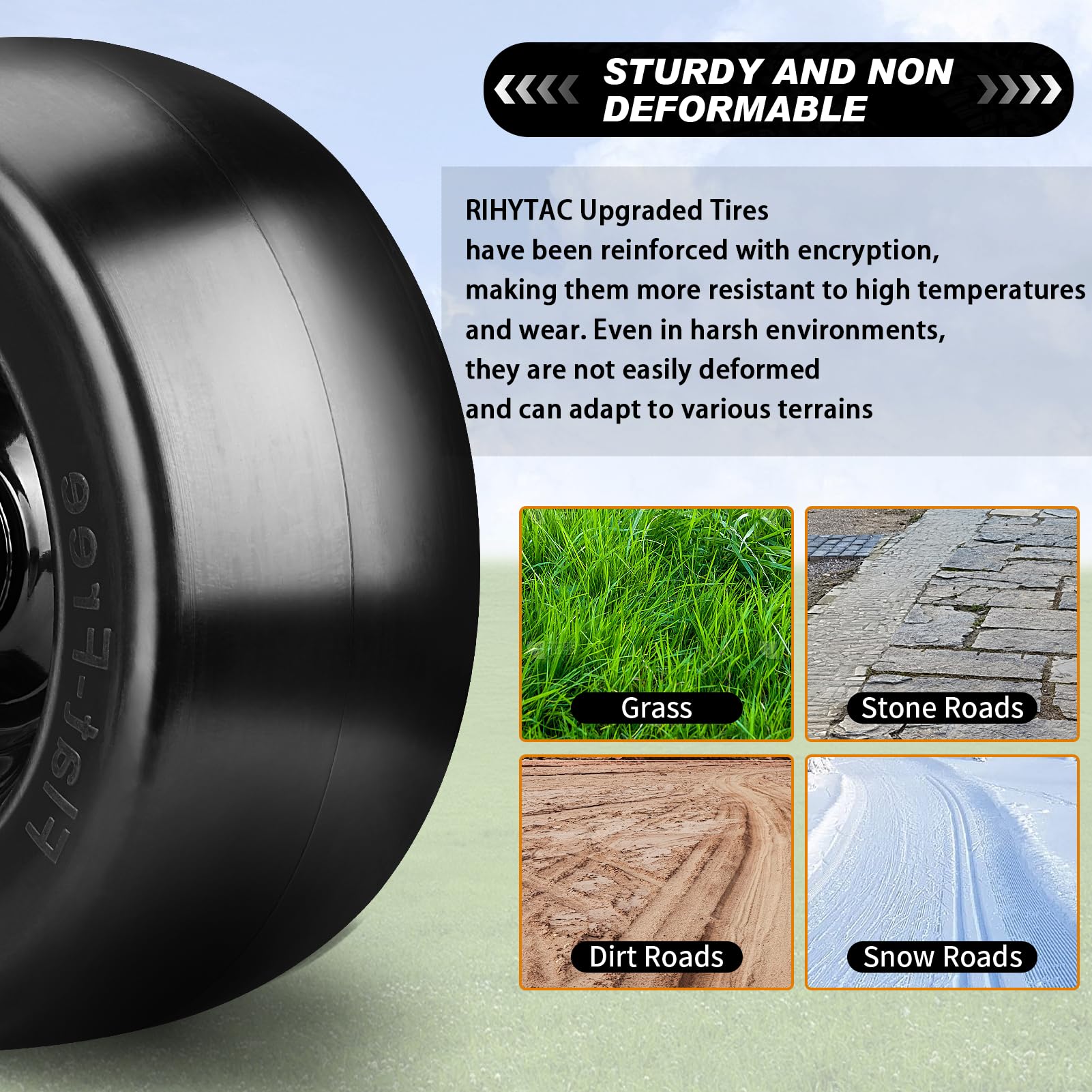 RIHYTAC tire next to a ruler illustrating 11-inch diameter and accurate sizing