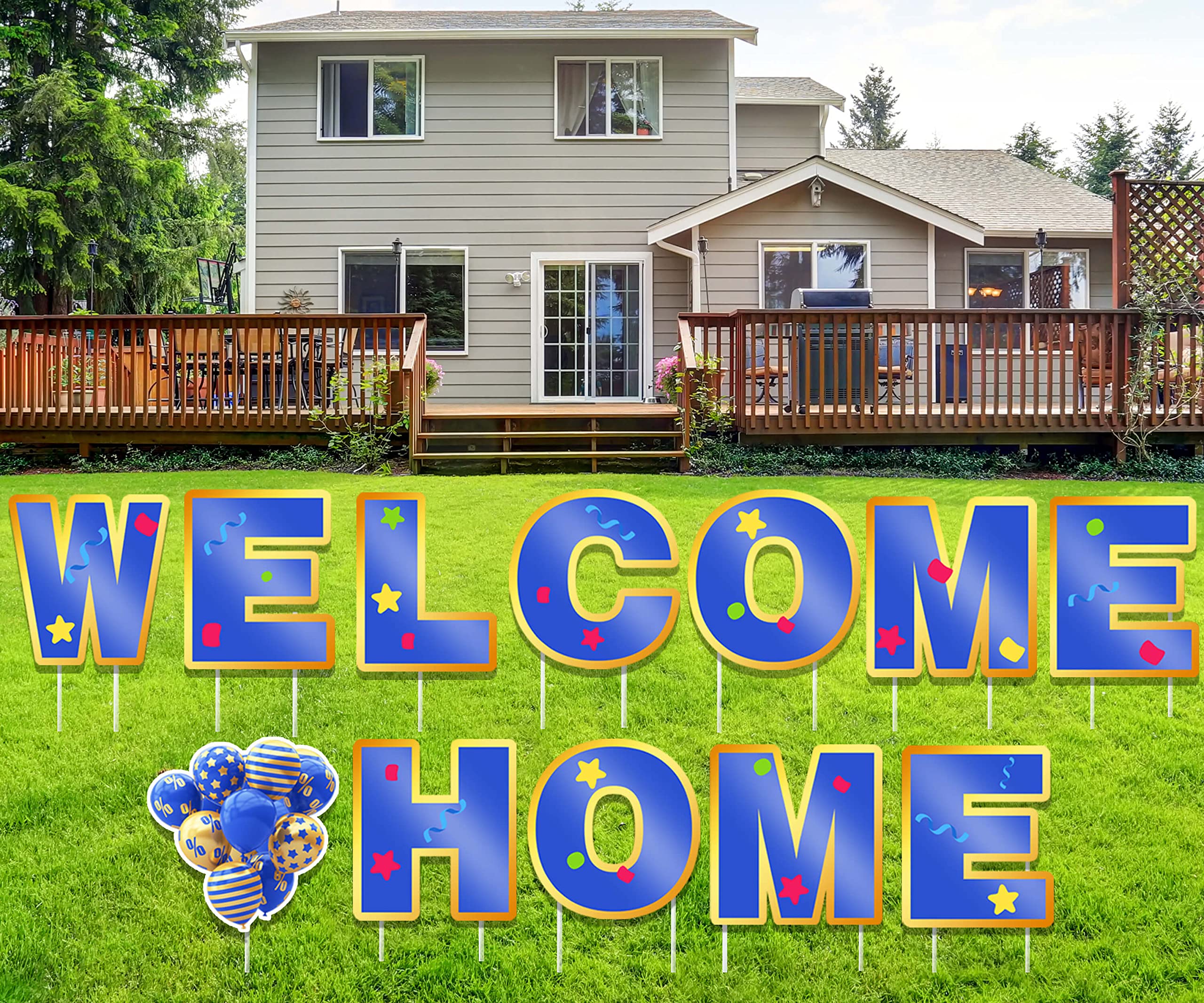 RIIFRILY front view of welcome home letters showing bright colors and curb appeal