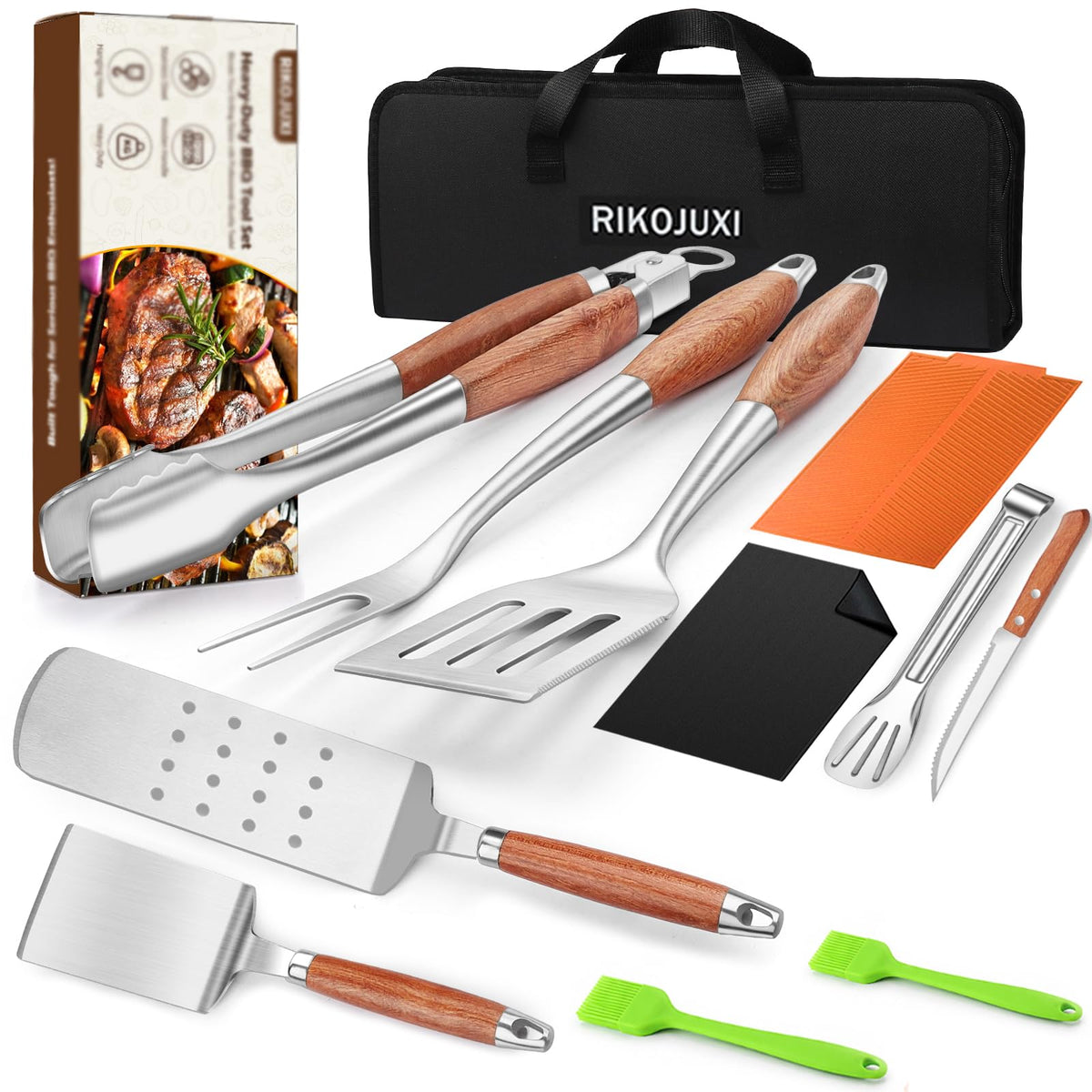 RIKOJUXI front packaging showing complete grill and griddle tool set, organized