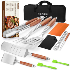 RIKOJUXI front packaging showing complete grill and griddle tool set, organized