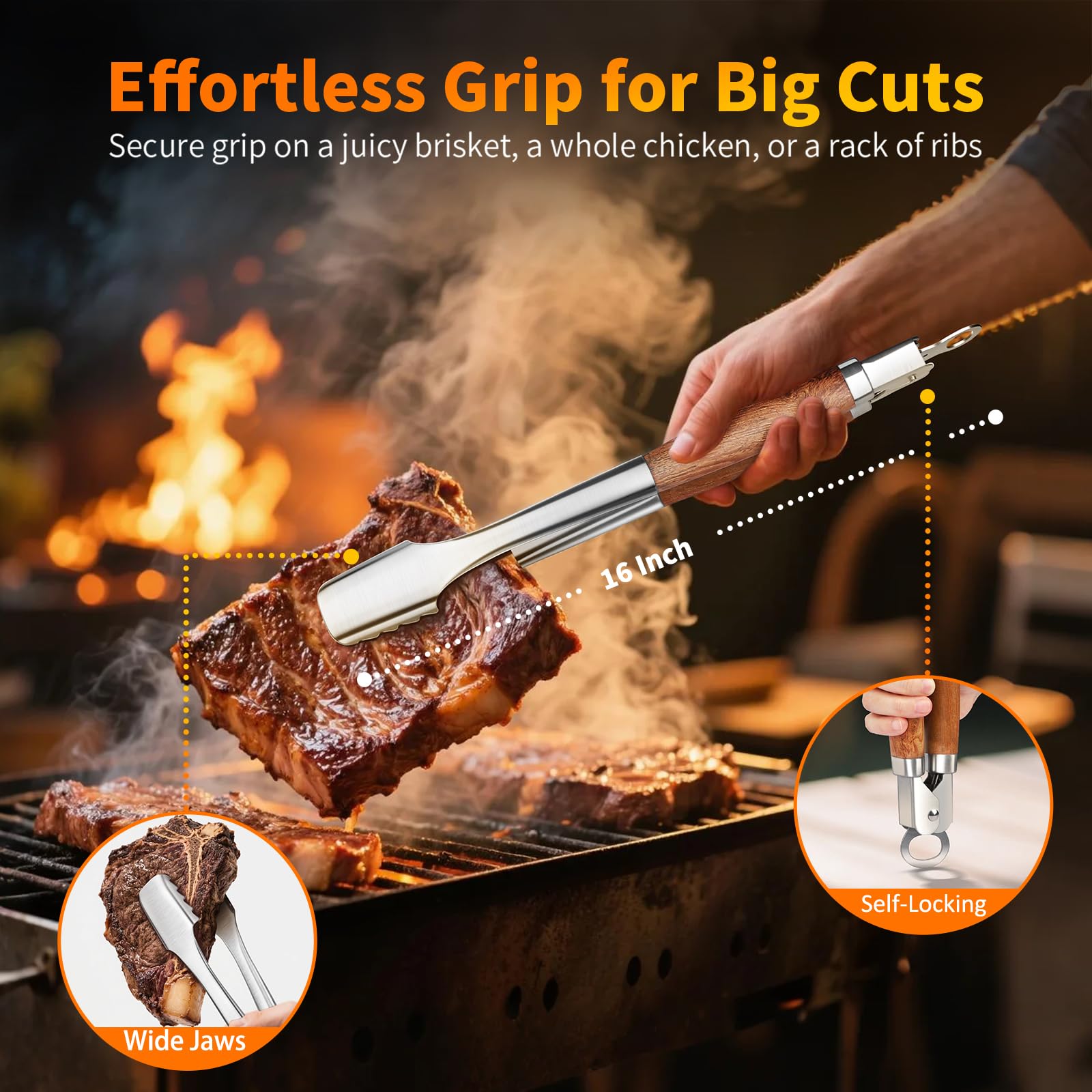 RIKOJUXI tools in use flipping steak on grill for safer, confident handling